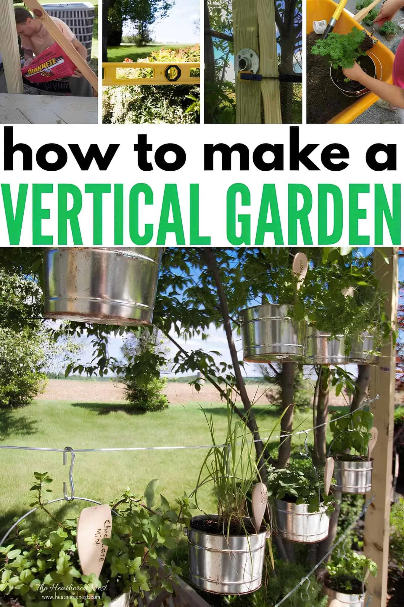 Tin cans hanging from a wire with herbs in a backyard
