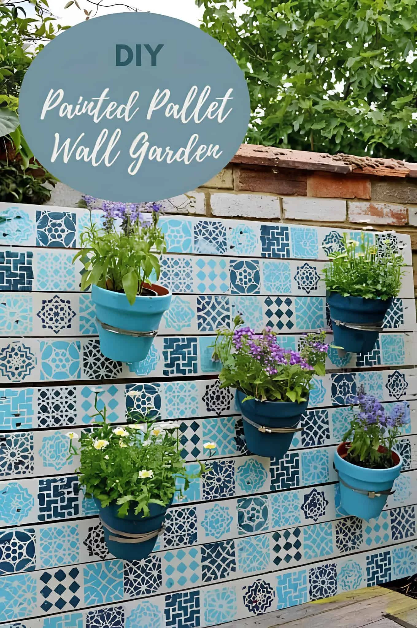 Painted pallet wall with blue pattern tiles and mounted flower pots
