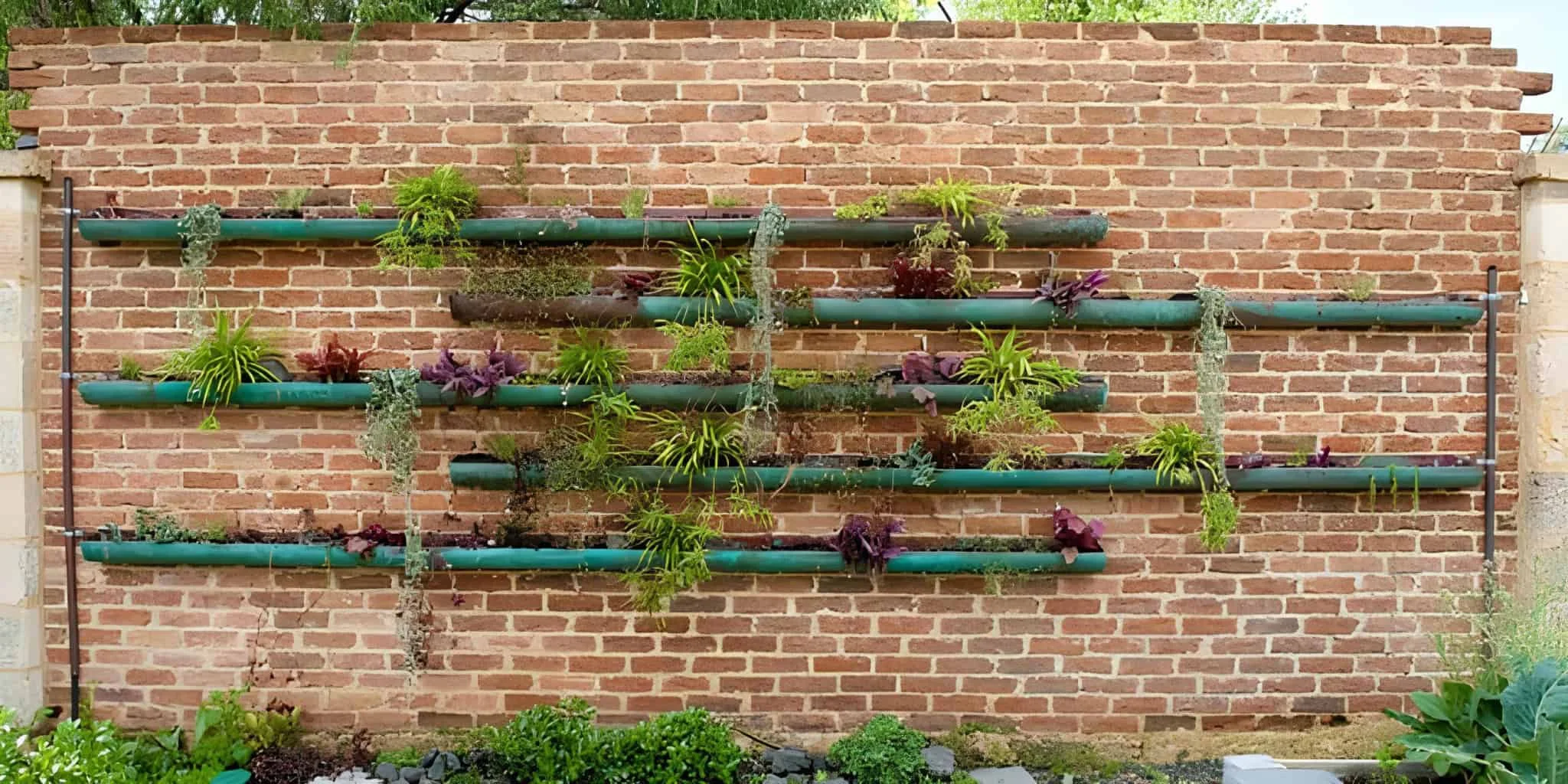 Wall-mounted garden with green pipes against a rustic brick wall