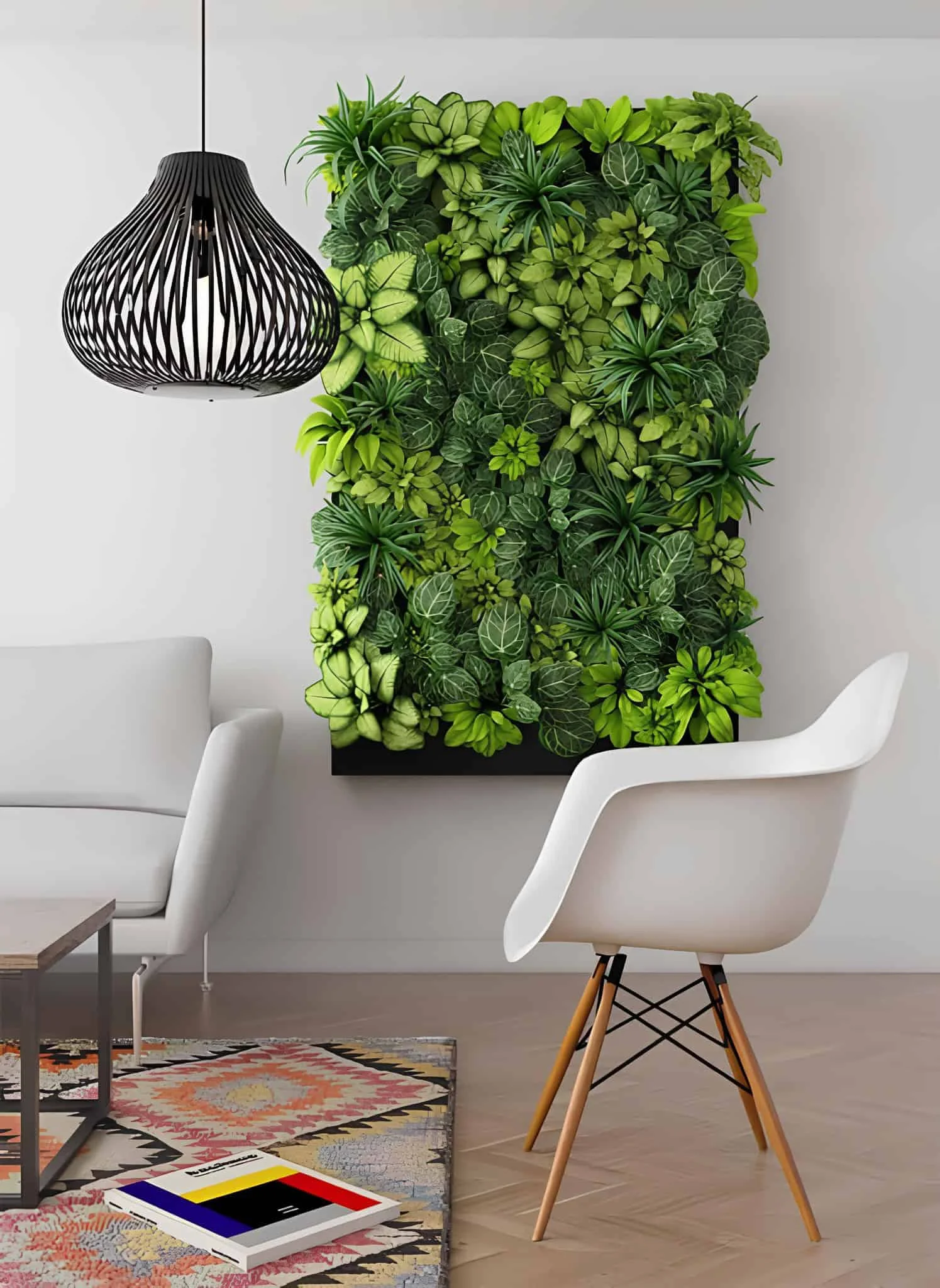 Wooden planter boxes with herbs mounted on an exterior brick wall