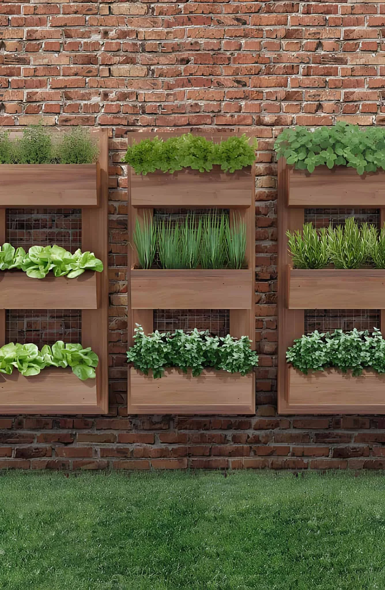 Geometric wall-mounted planters in white with fresh herbs and flowers