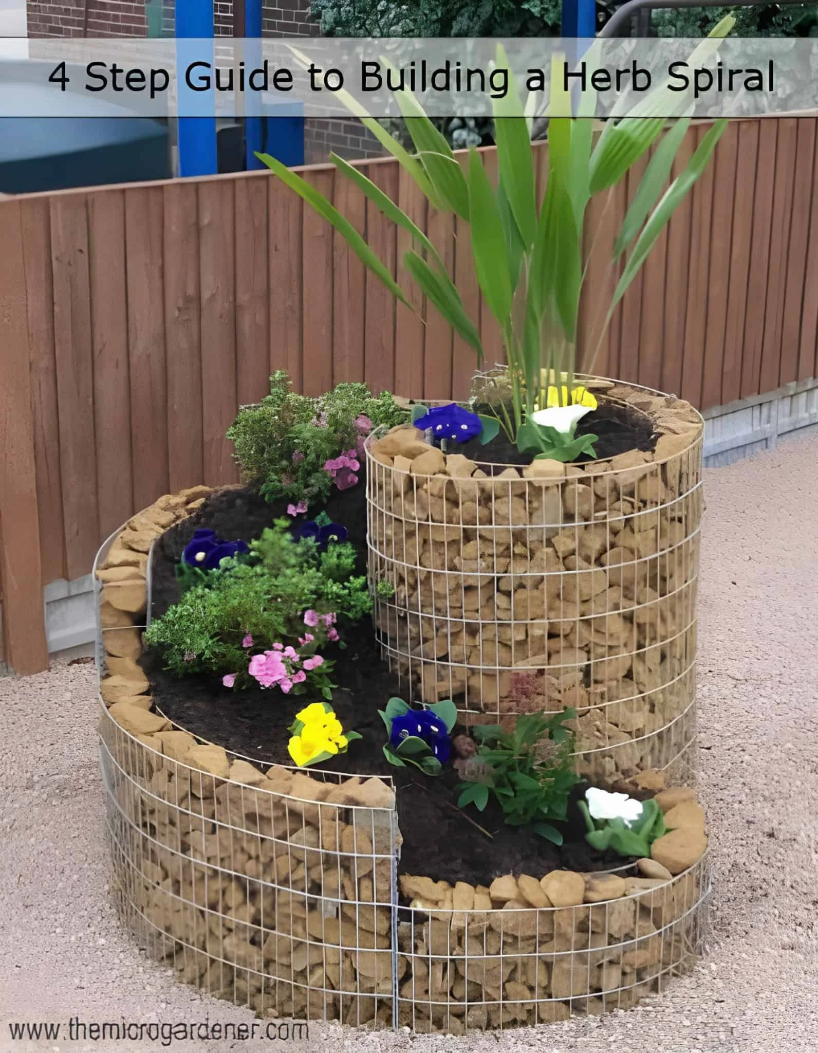 Spiral-shaped stone garden structure planted with colorful herbs and flowers