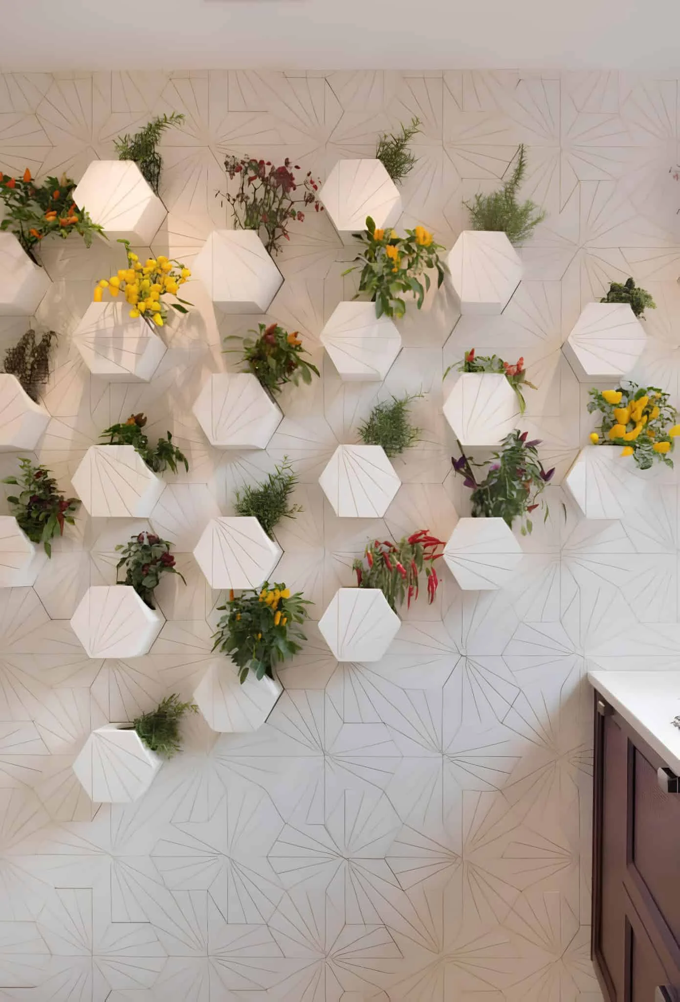 Modern hexagonal wall design with lush green ferns as decor