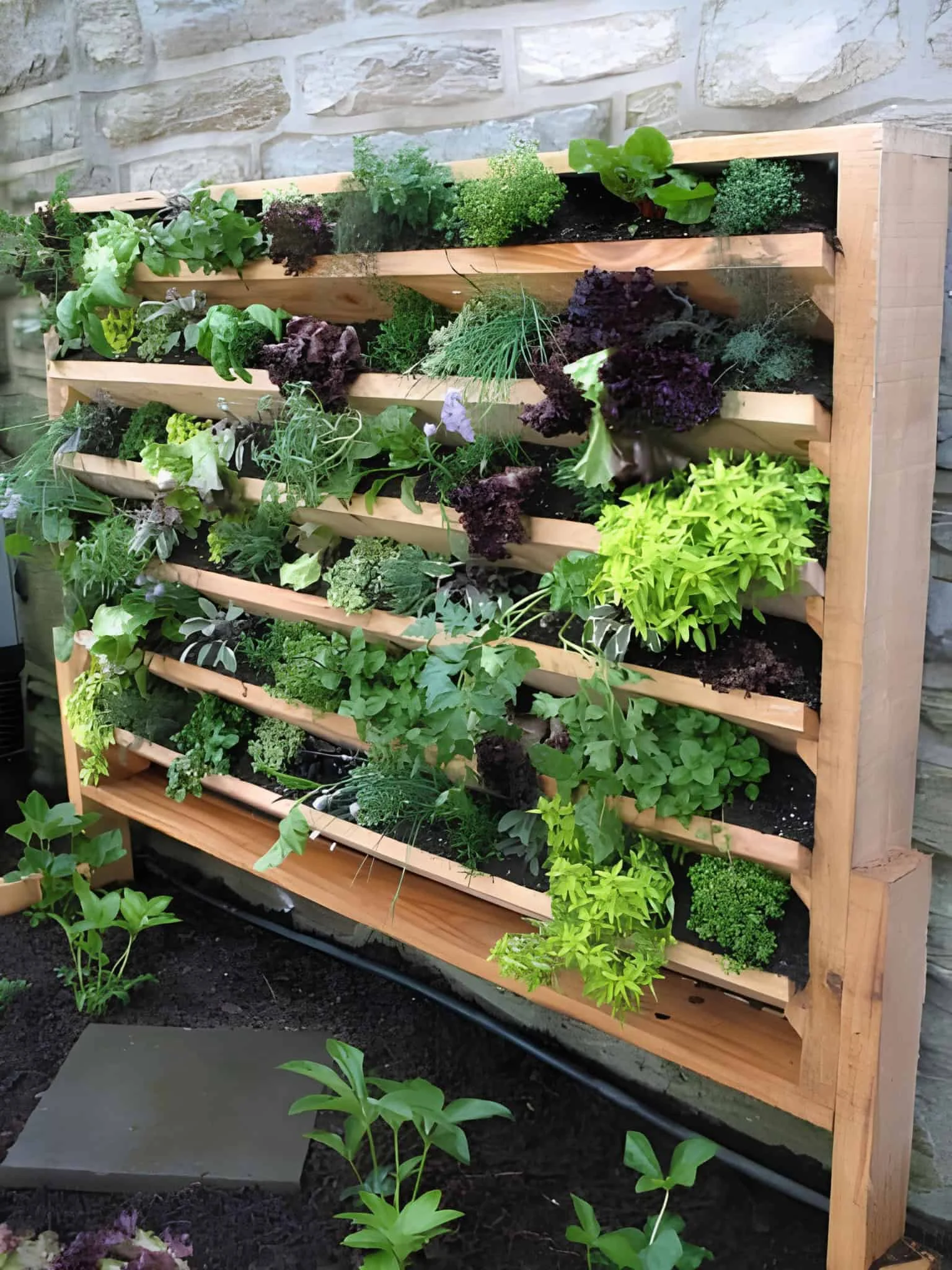Vertical wooden pallet garden with herbs and leafy greens
