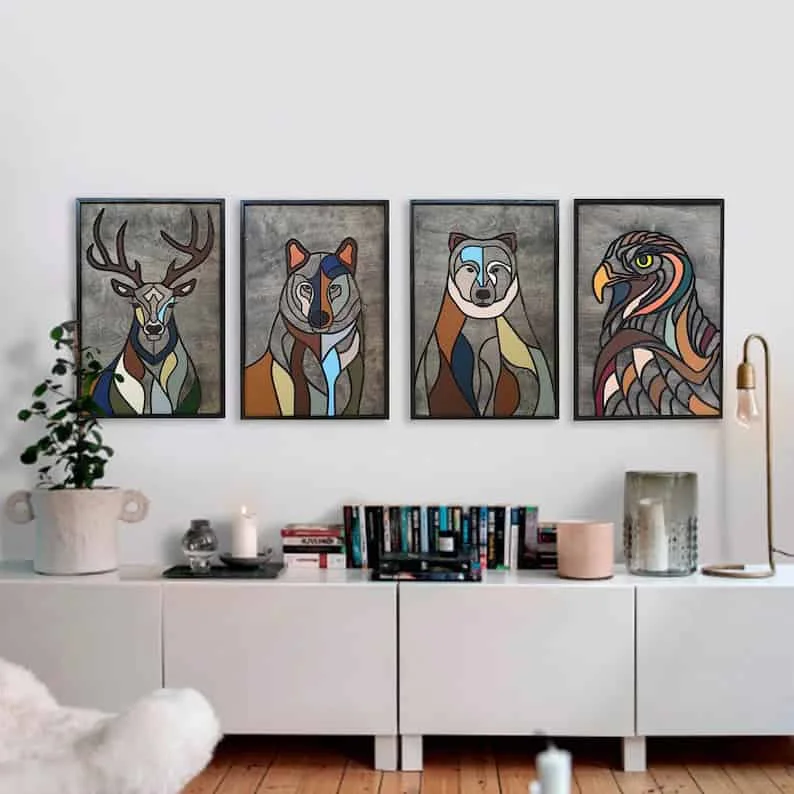 Wooden Wall Art with Deer, Wolf, Bear and Eagle