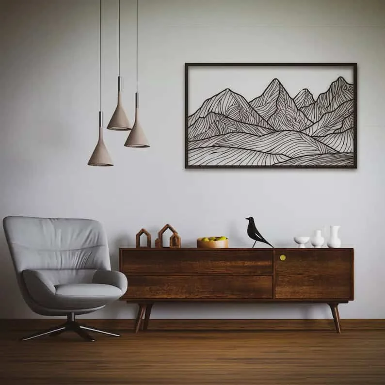 Geometric Wooden Wall Art with Mountains