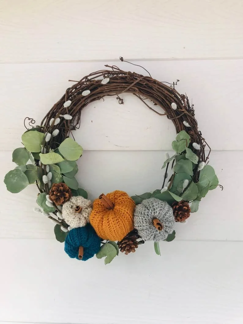 17. Autumn Harvest Wreath with Crocheted Pumpkins