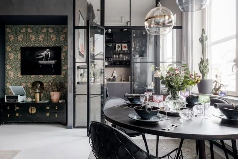 Scandinavian Kitchen with Black Furniture and Household Appliances