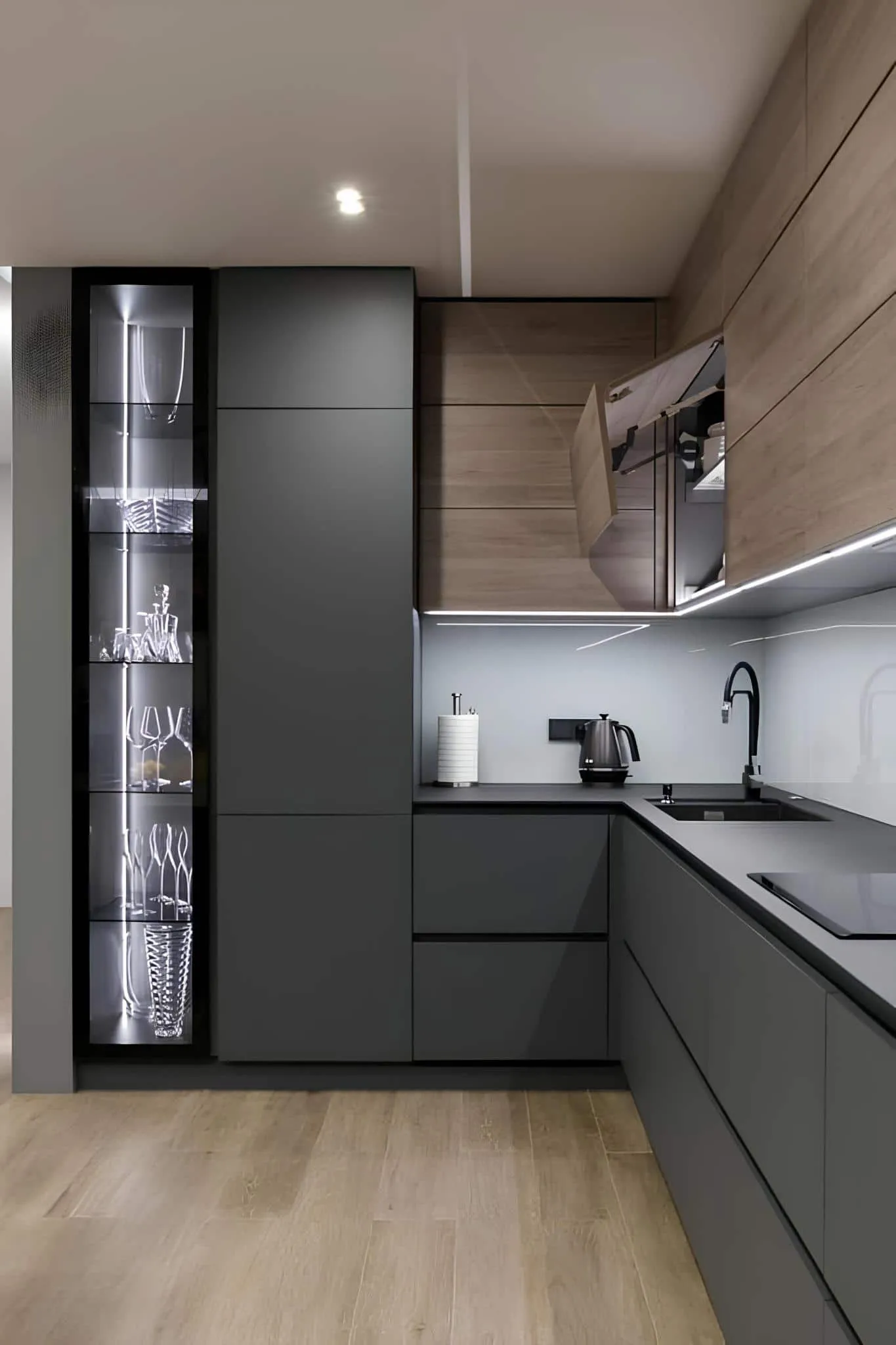 Modern kitchen with matte black fronts and wooden upper cabinets