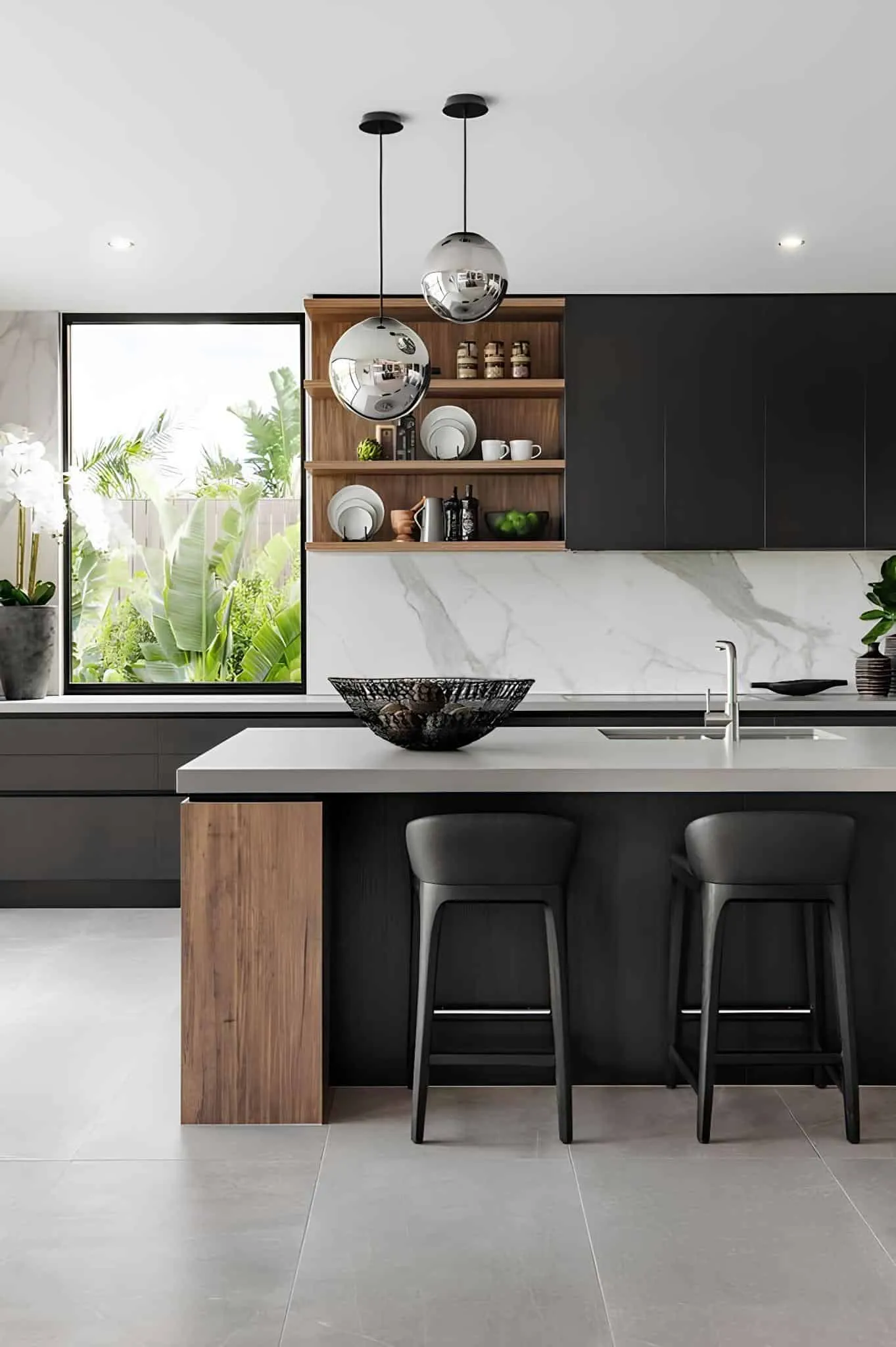 Modern black-and-white kitchen with large window and garden view