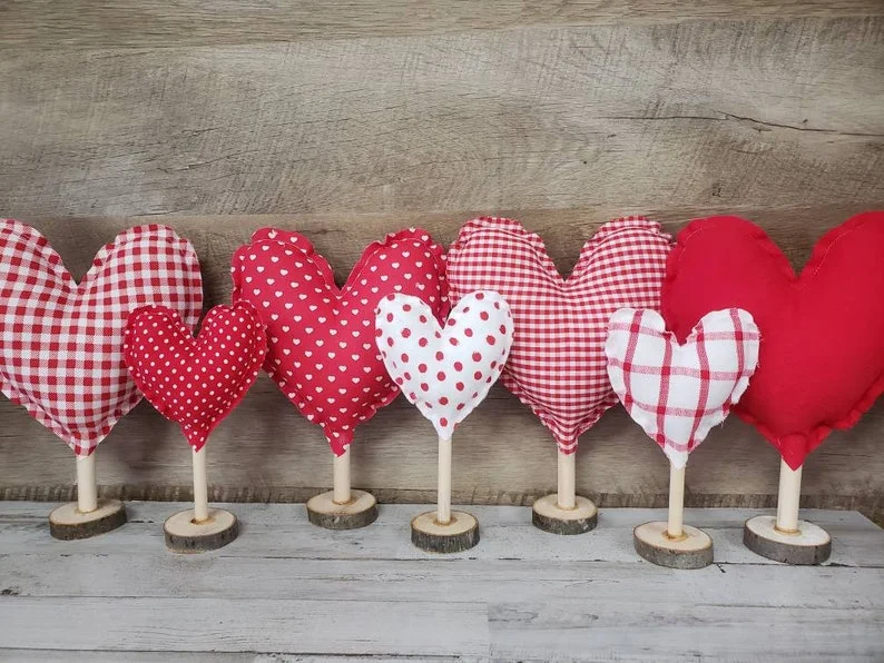 5. Fabric Hearts on Wooden Base