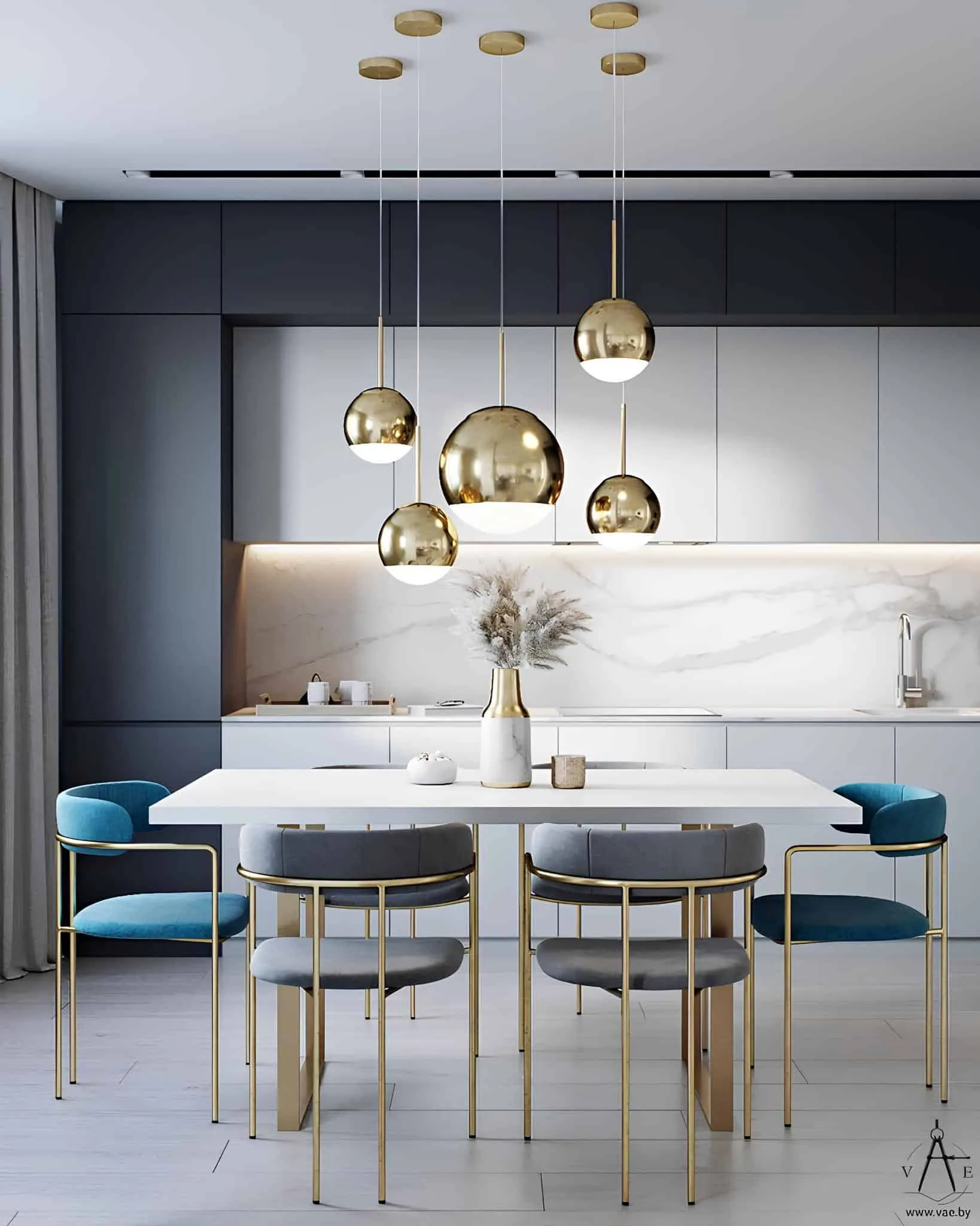 Kitchen and dining room with soft blue walls and white columns