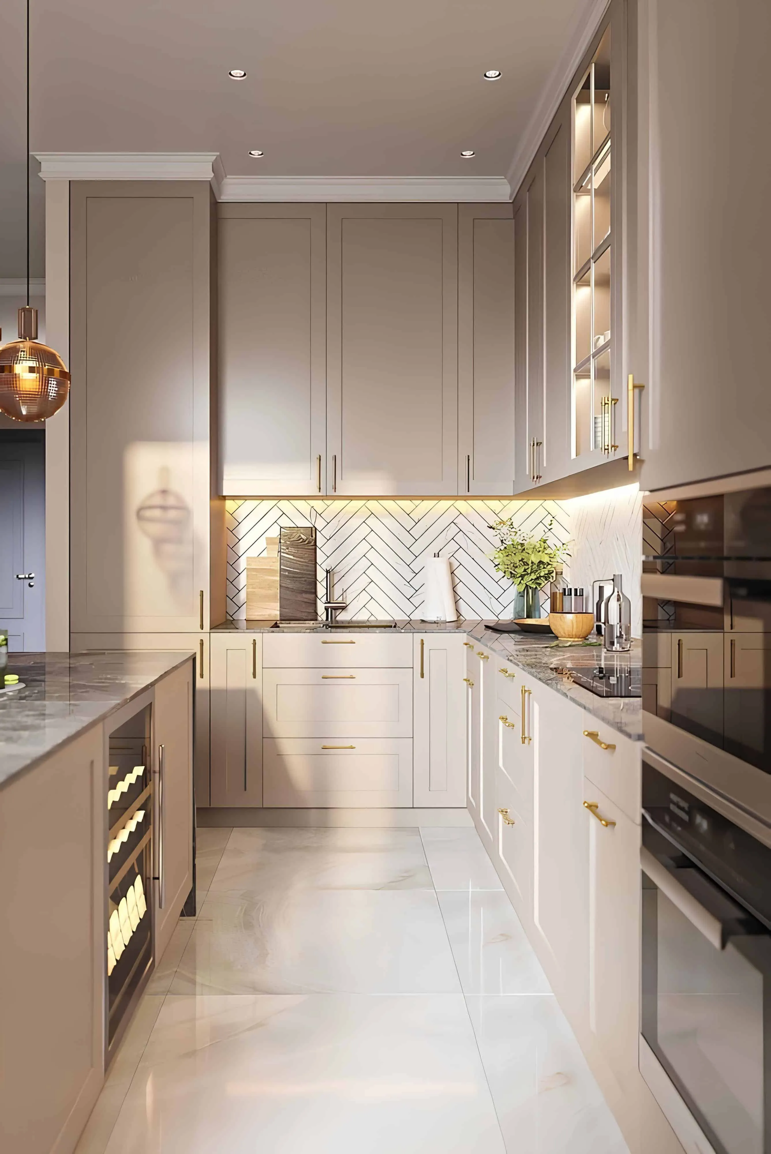 带棋盘装饰台面的经典厨房 带棋盘台面、金色五金件和大理石表面的经典厨房