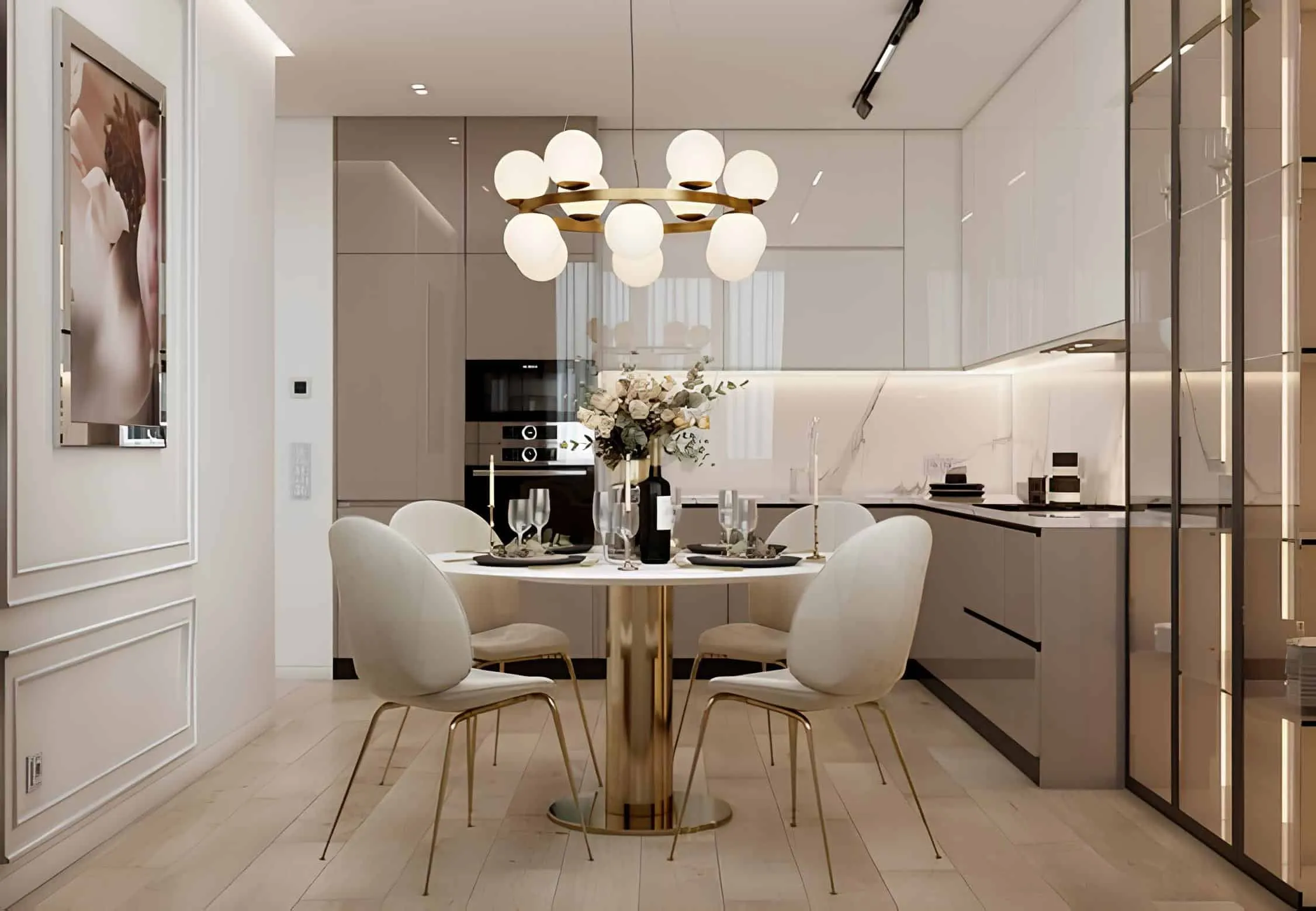 带有金色点缀的优雅白色厨房 带有白色门板、金色细节和现代设计的厨房