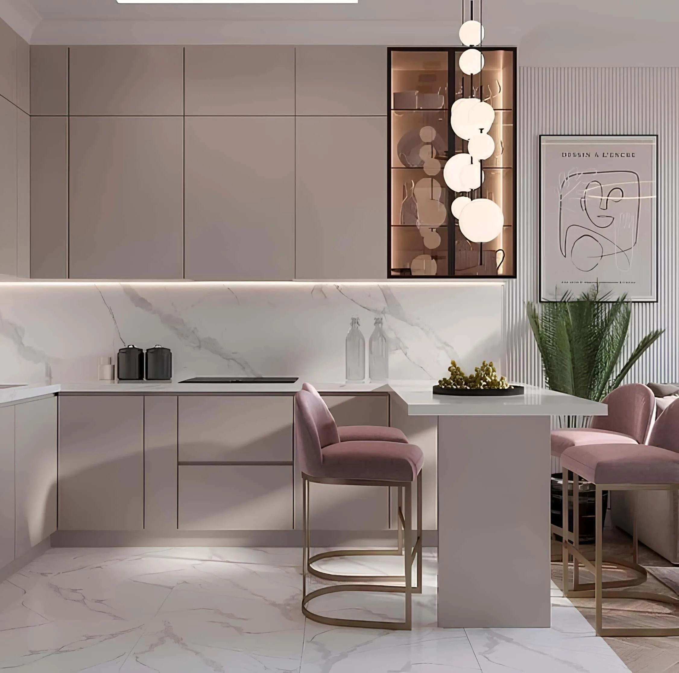 带有米色凳子的现代厨房 带有大理石台面、米色凳子和柔和色调的现代厨房