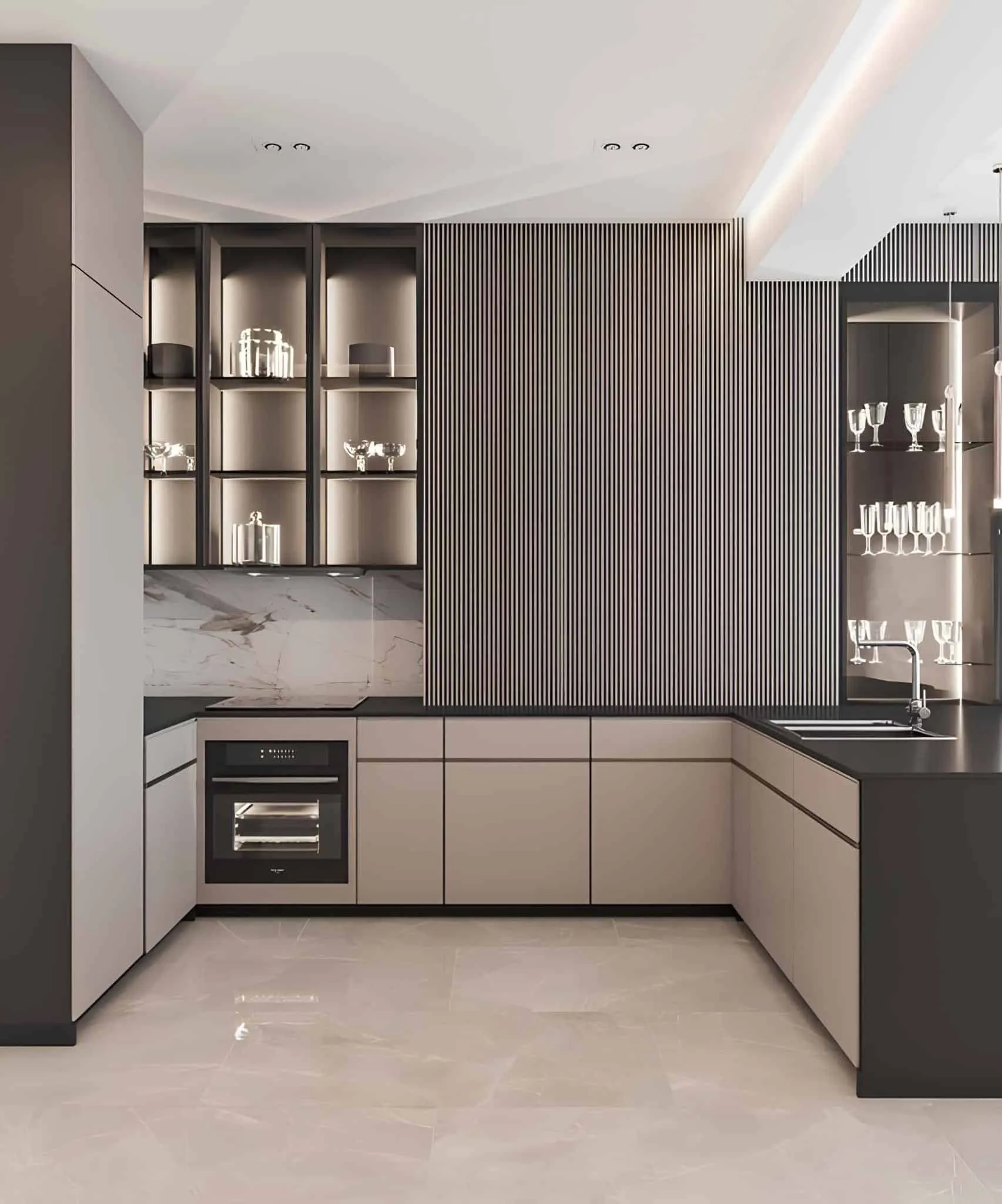 Modern kitchen with striped wall element and open shelf