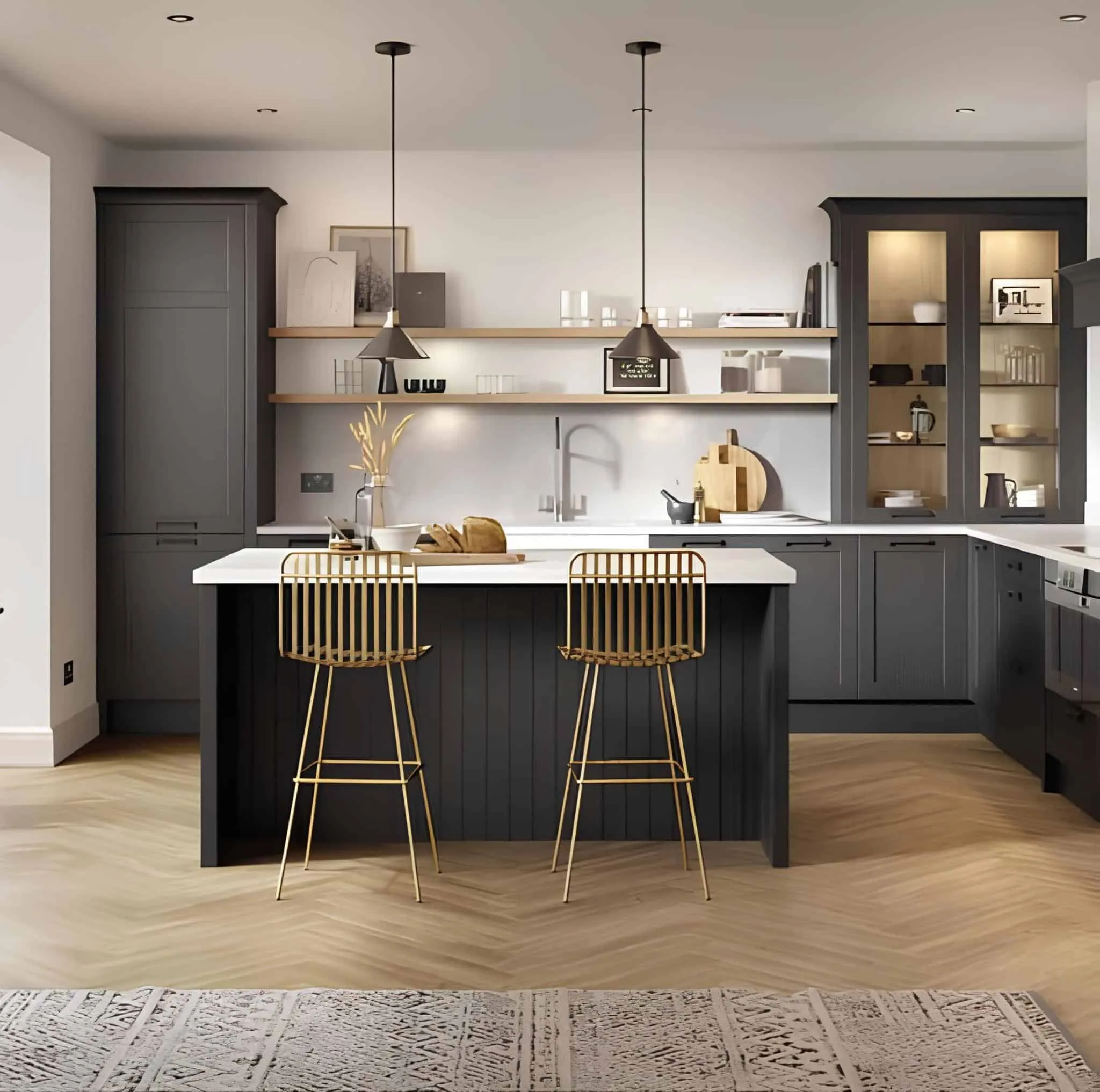 Modern kitchen with black fronts, white countertops and gold stools