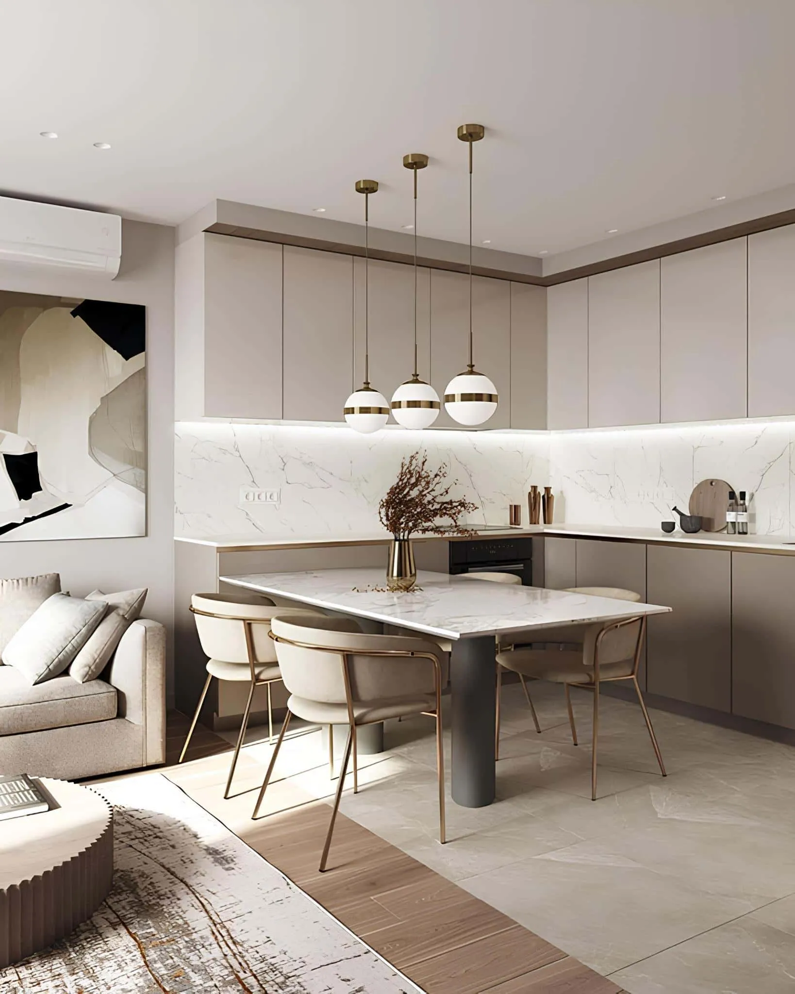 Open kitchen with pendant lights and light gray fronts