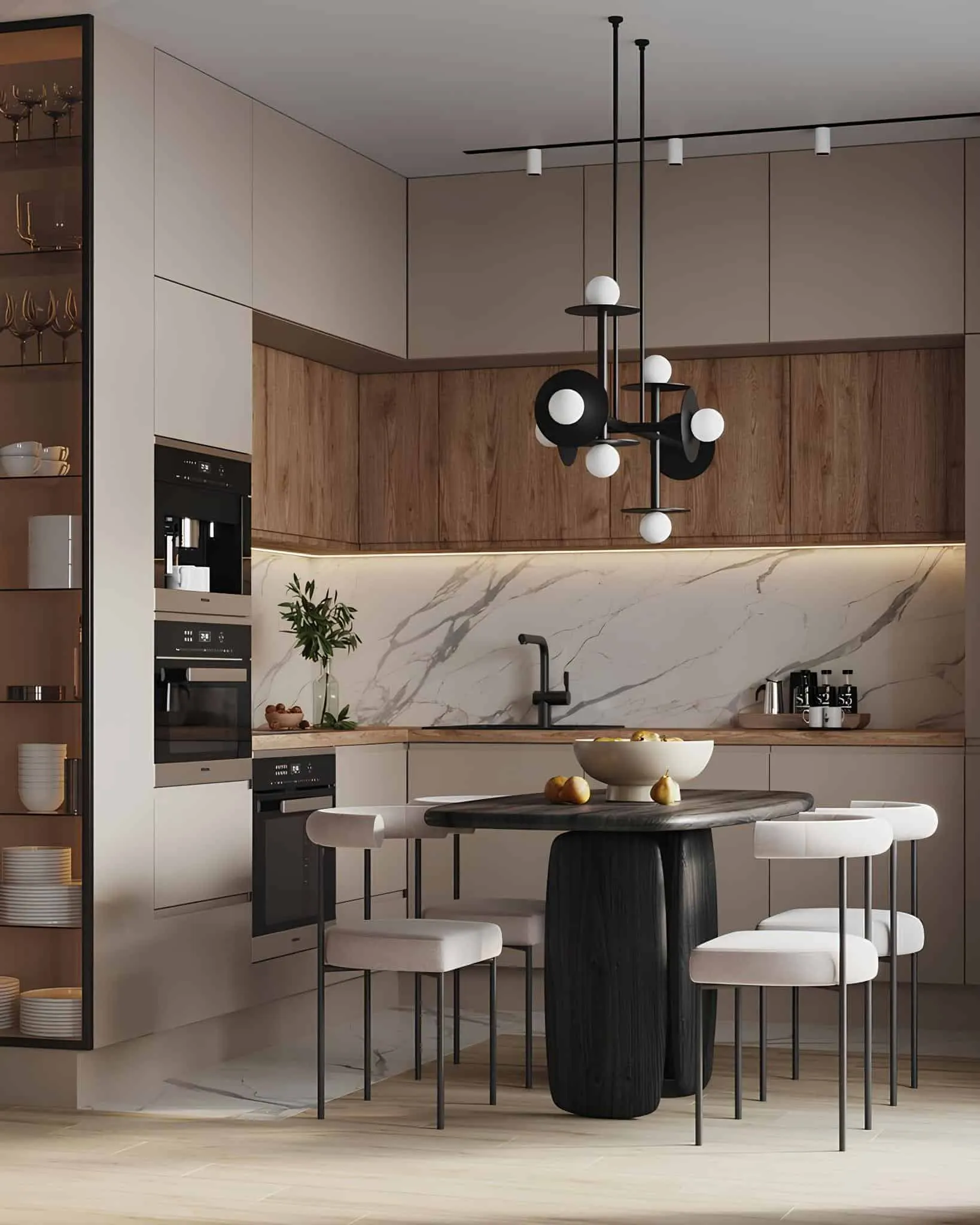 Neutral kitchen with wooden base and bold hanging pendant
