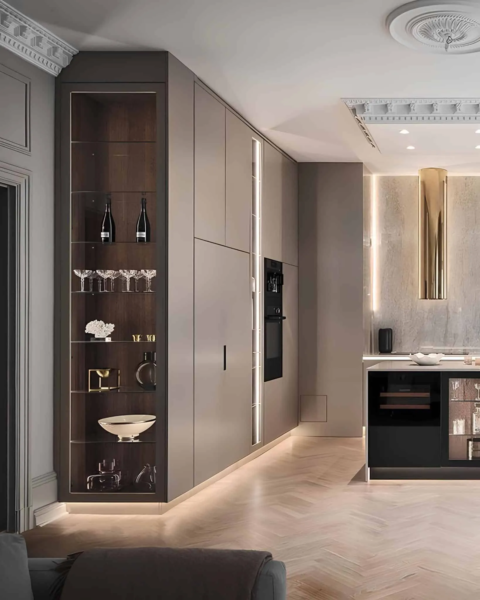 Luxurious kitchen with built-in illuminated glass cabinet for bar accessories