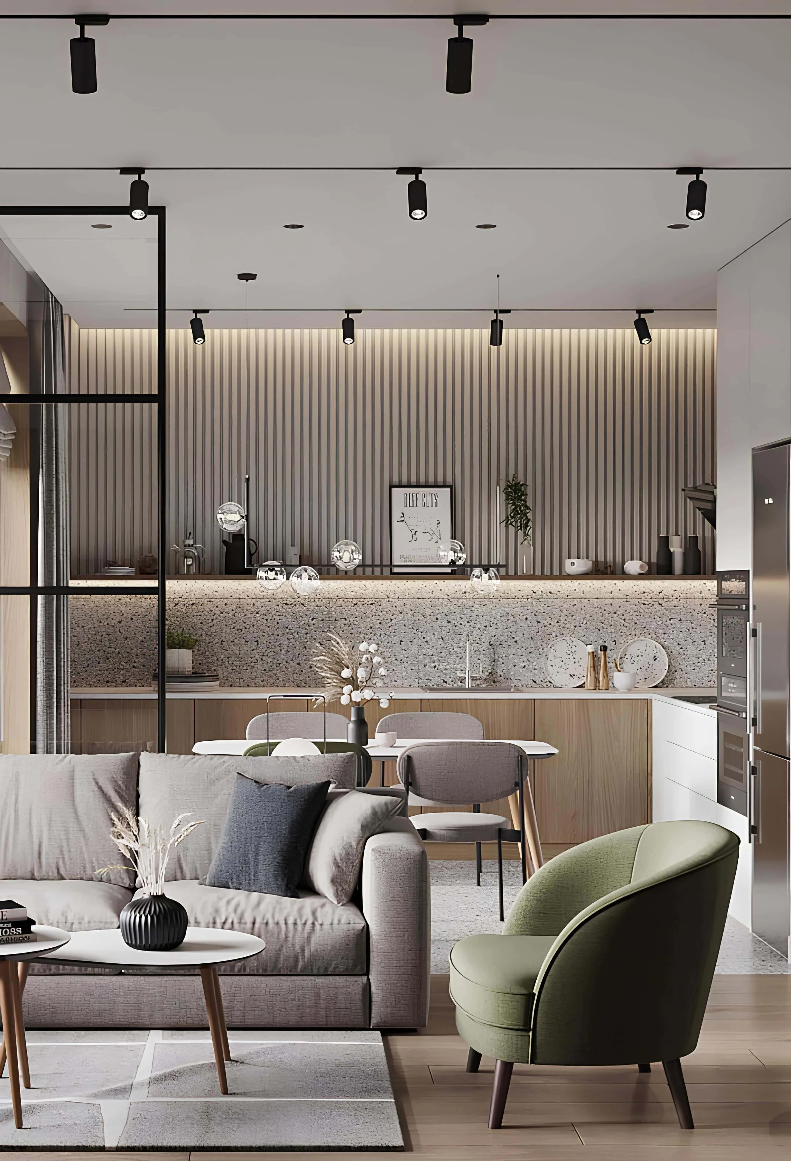 带绿色点缀凳子的开放式厨房 带陶土台面和绿色凳子的开放式厨房与客厅