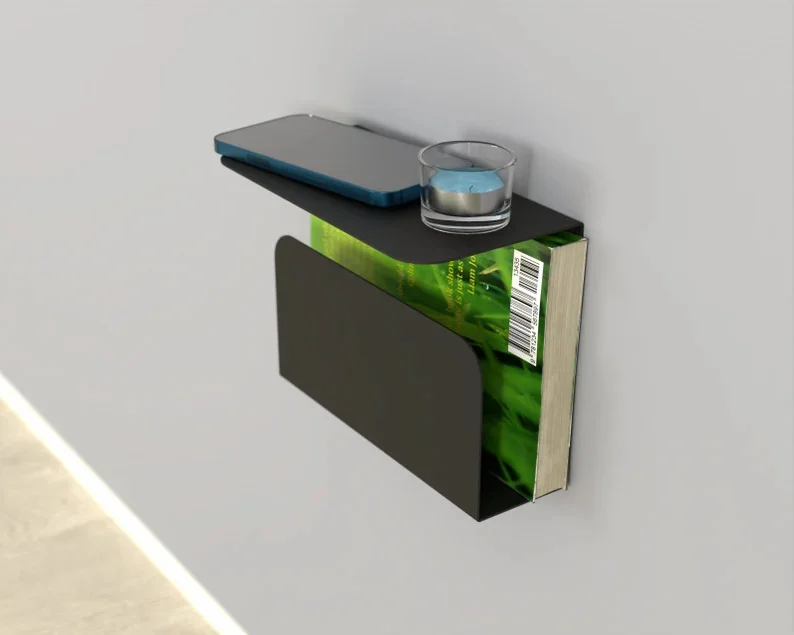 14. Mesa flotante minimalista de metal con estante para libros