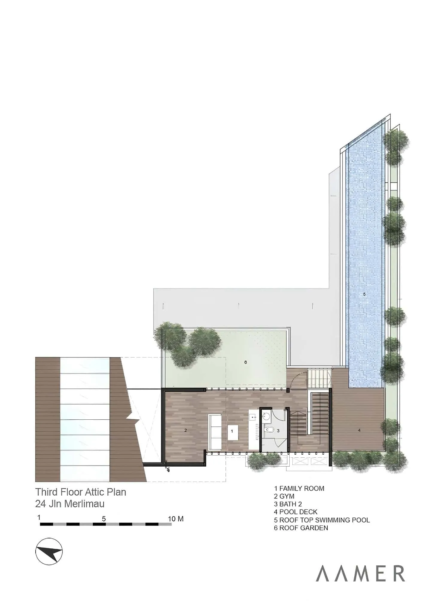 梅灵瓦街阁楼 梅灵瓦街阁楼平面图,包含家庭室、健身房和屋顶泳池。