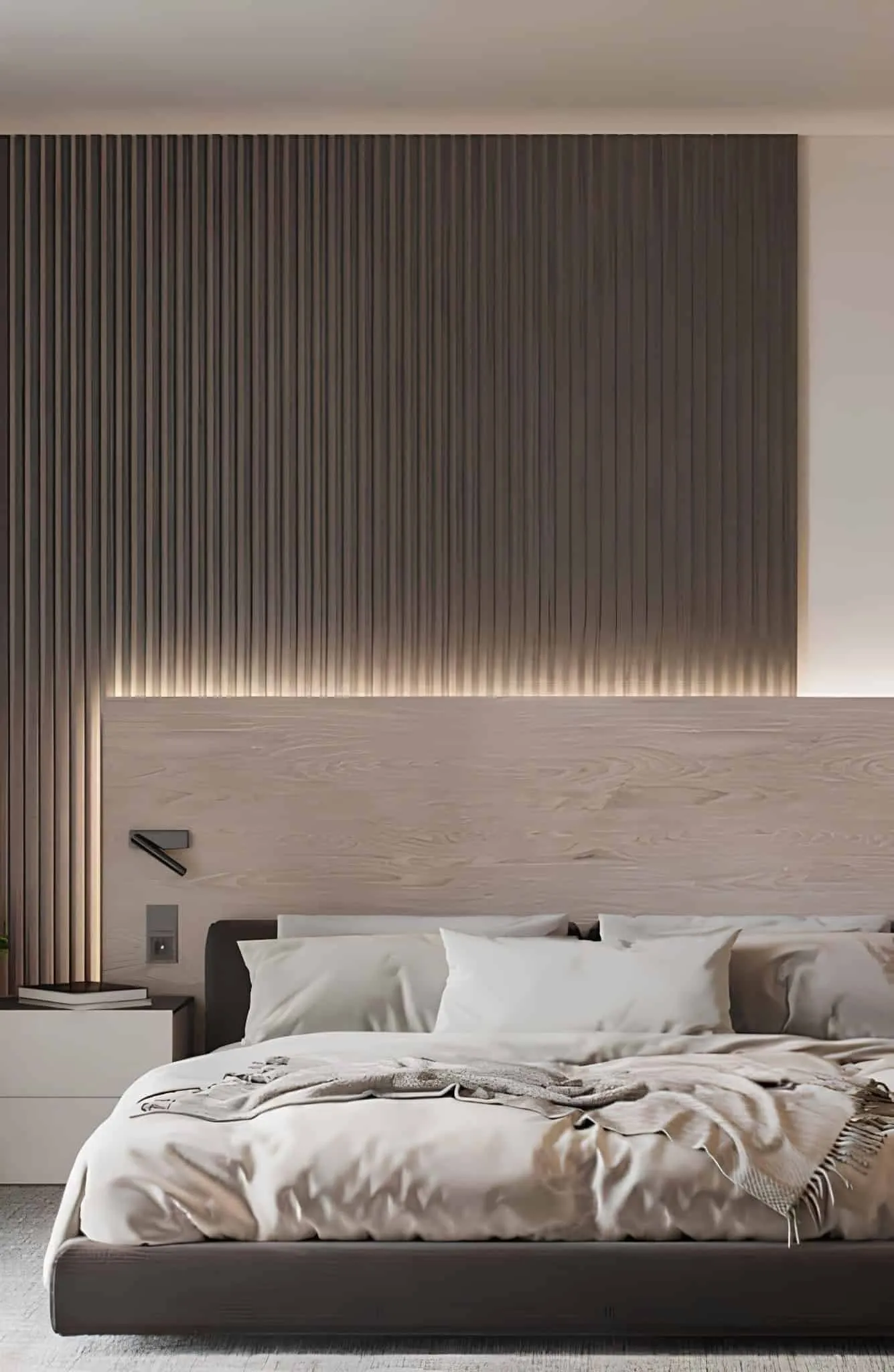 Modern bedroom with tall wooden headboard and soft LED backlighting.