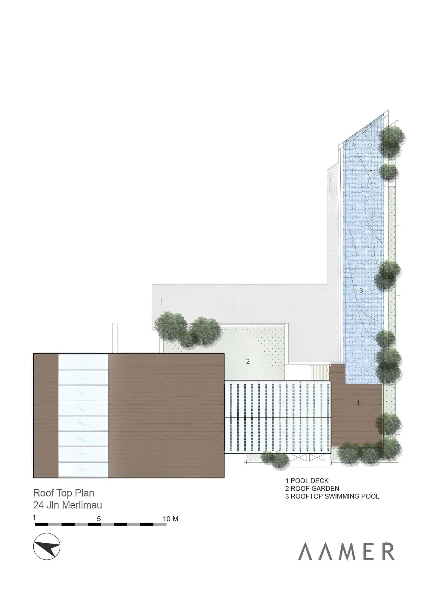 梅灵瓦街屋顶平面图 梅灵瓦街屋顶泳池和花园的俯视图。