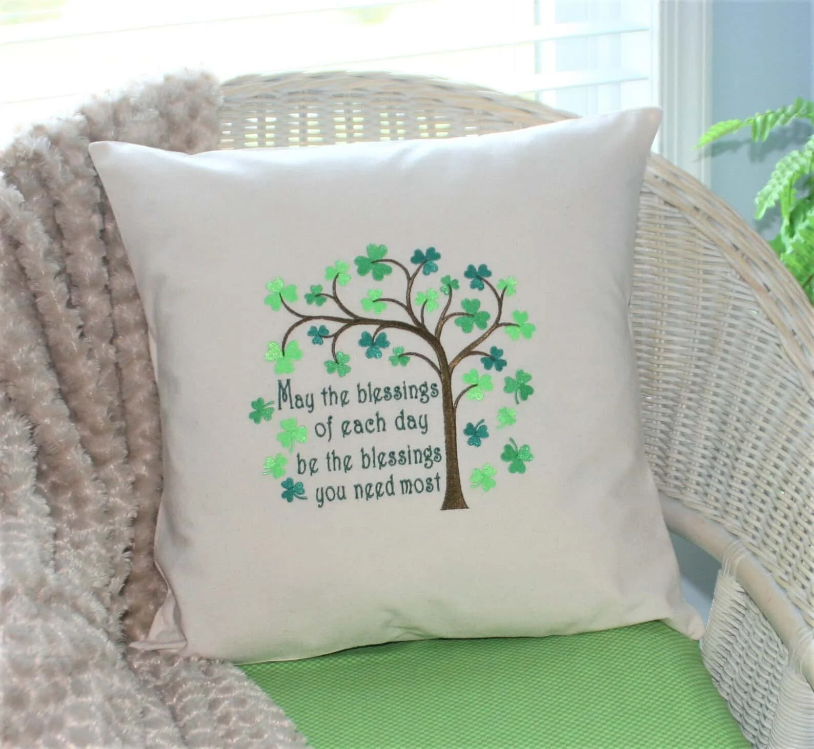8. Clover Embroidery on Tree Pillow for St. Patrick’s Day