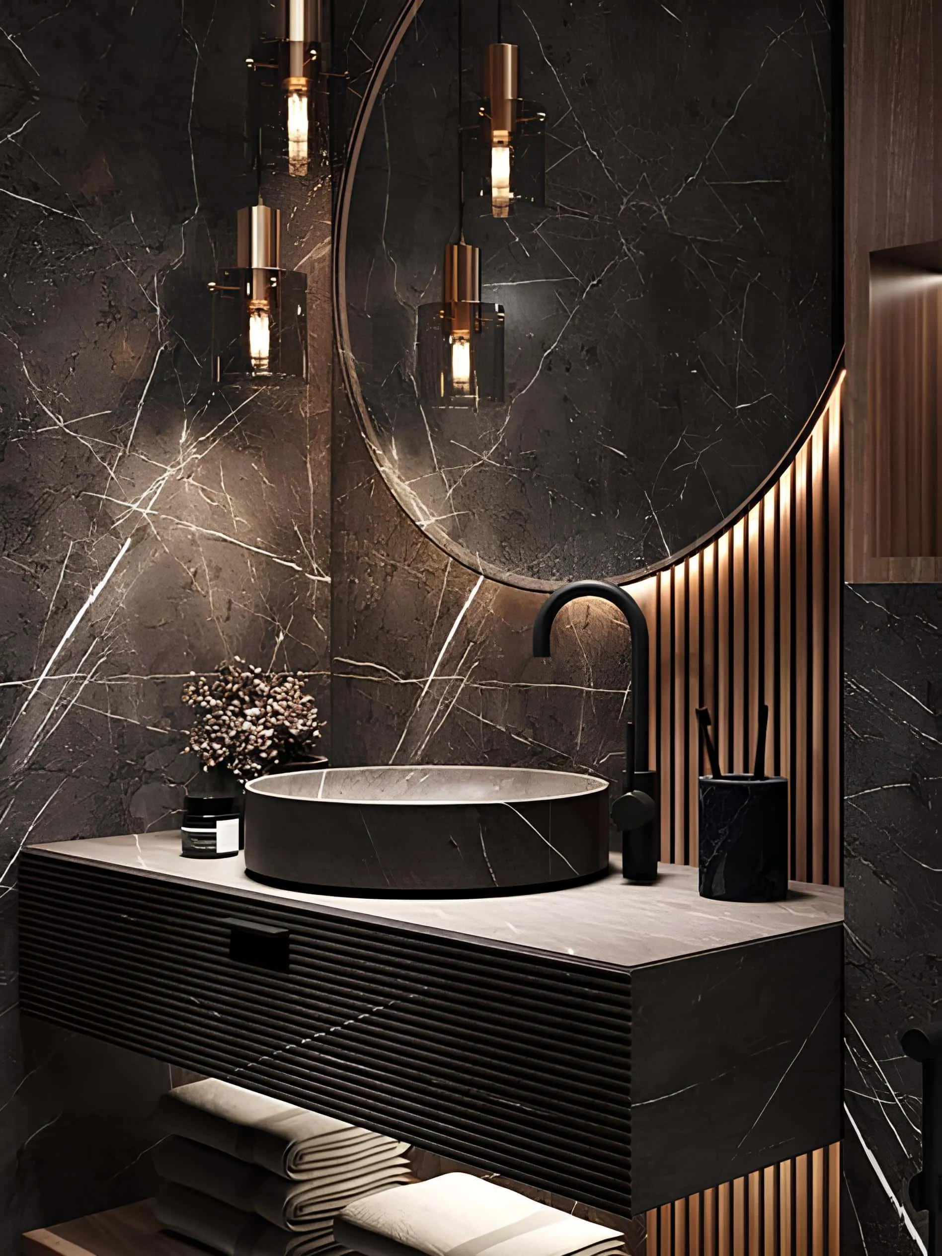 Luxurious bathroom interior with black marble, gold accents and ambient lighting.