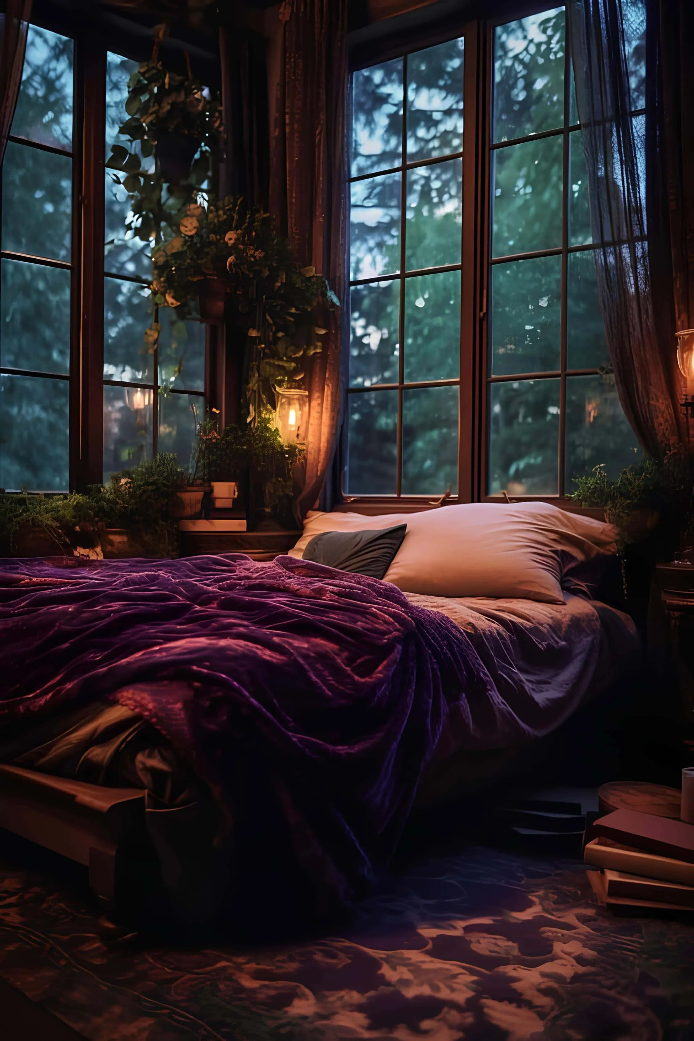 Bedroom wrapped in purple velvet and rich greenery during sunset