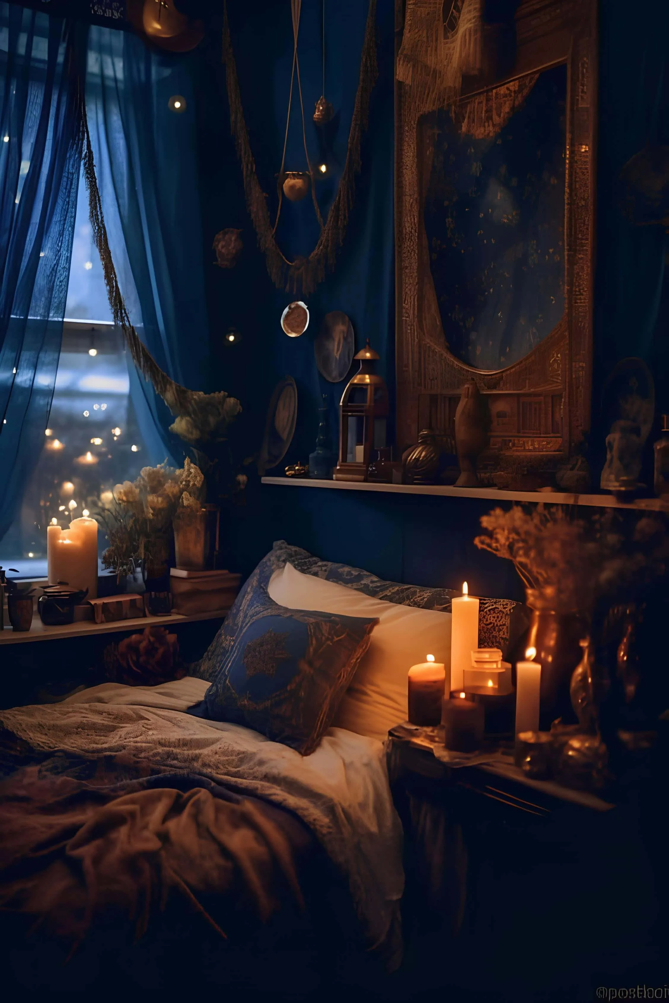 Bedroom with blue tones, illuminated by lanterns, moon decoration and layered fabric