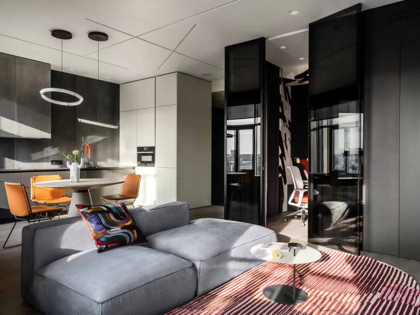 Quartz sink and illuminated shelves finishing the setup