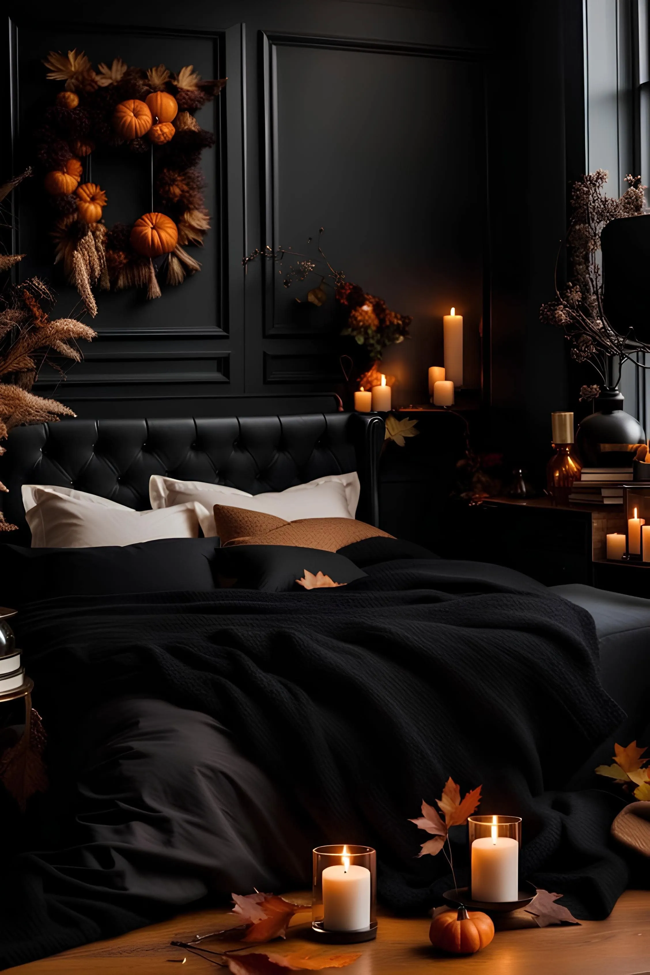 Dark bedroom with pumpkin wreath, black bedding and candles creating a cozy autumn atmosphere