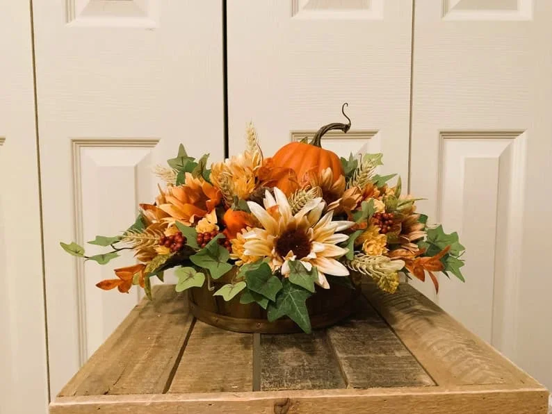 4. Thanksgiving Centerpiece with Sunflowers and Pumpkins