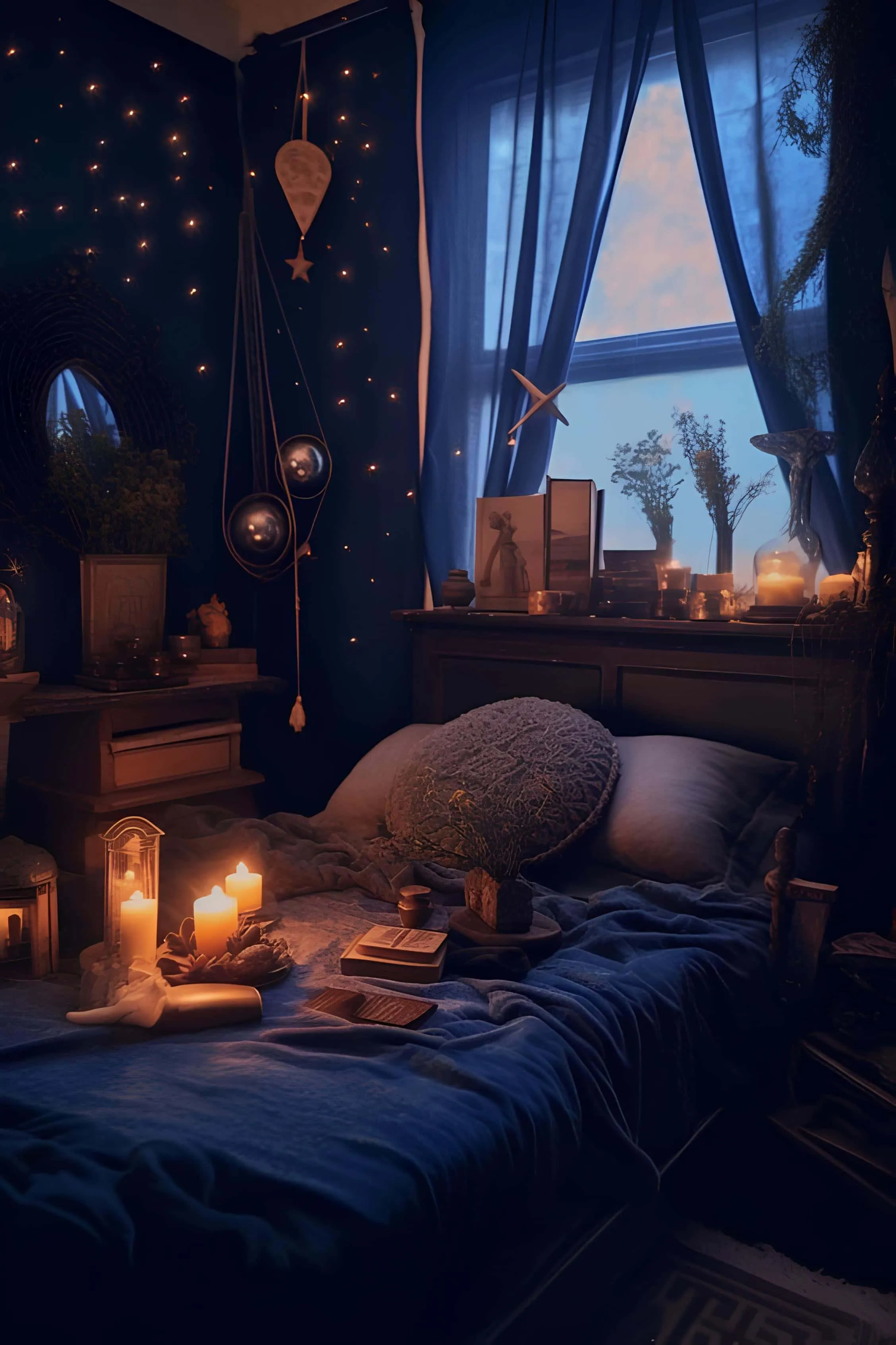 Bed with deep blue decor, shimmering lighting and books around candles