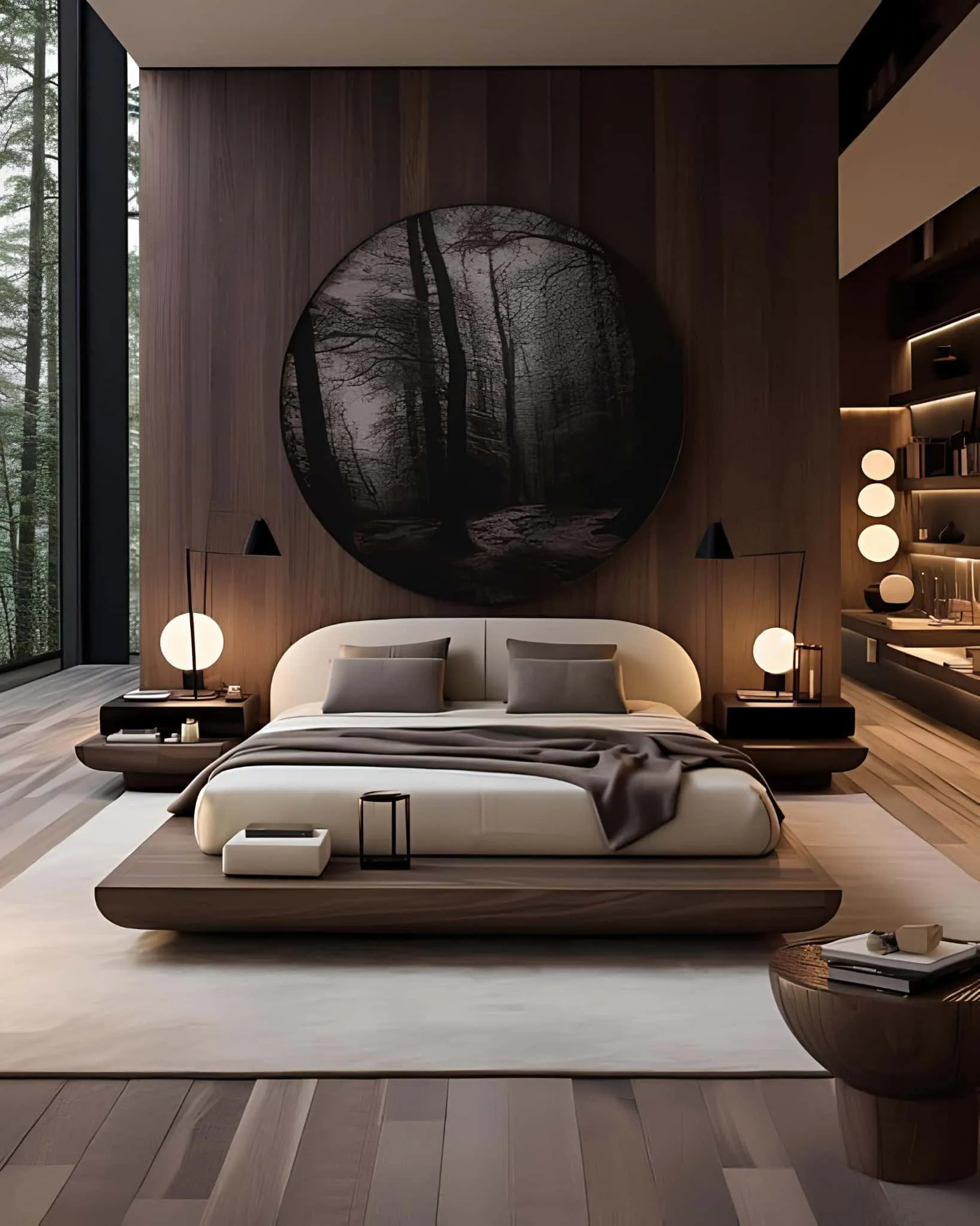 Luxurious bedroom with warm wooden paneling Minimalist wooden bedroom with a forest-patterned wall and soft lighting.