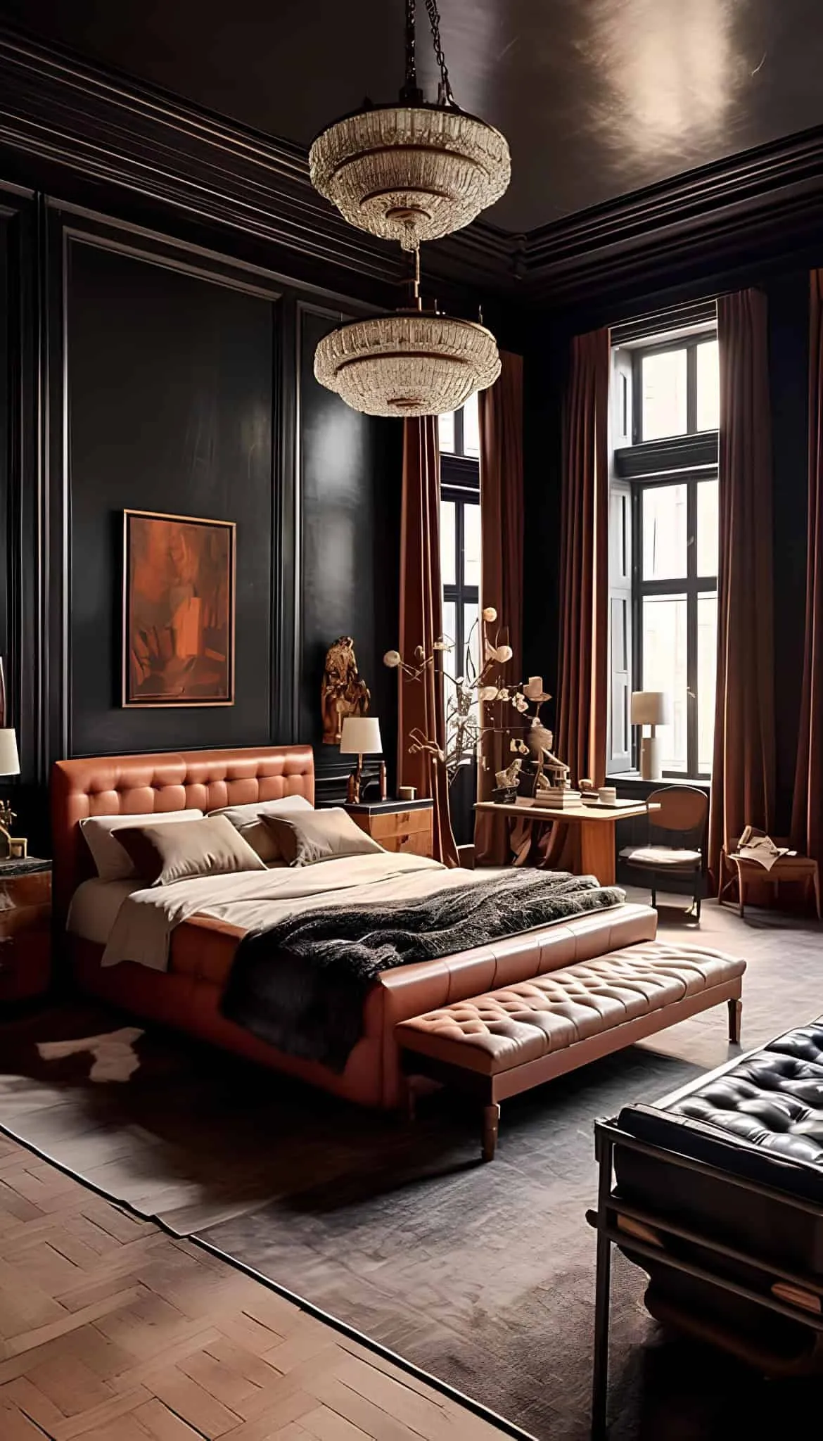 Luxurious bedroom in dark classic style Elegant dark-toned bedroom with high ceilings, embroidered bed and vintage lighting.