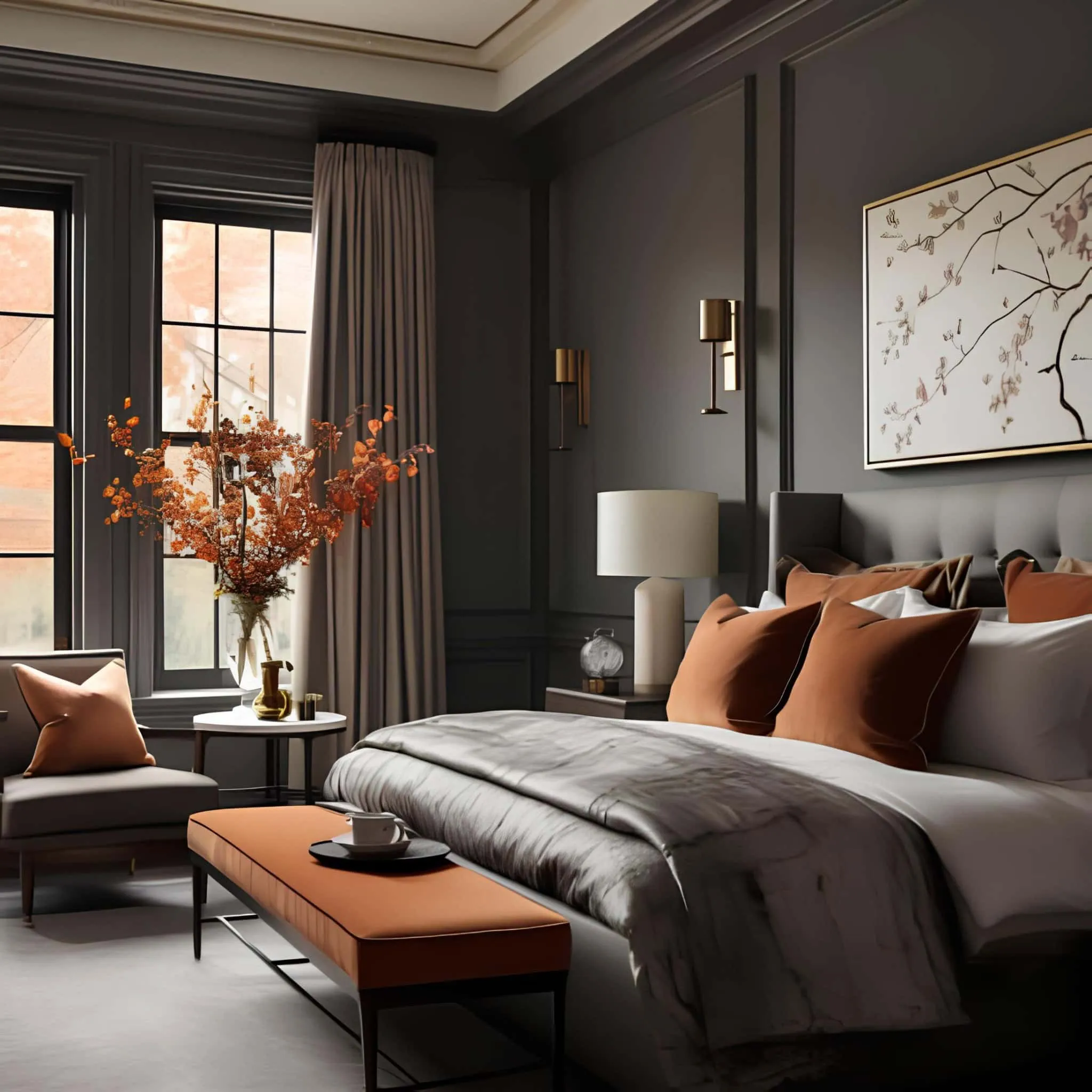 Luxurious bedroom with dark wall and orange accents Stylish bedroom with gray-black walls, orange accents and floral art.