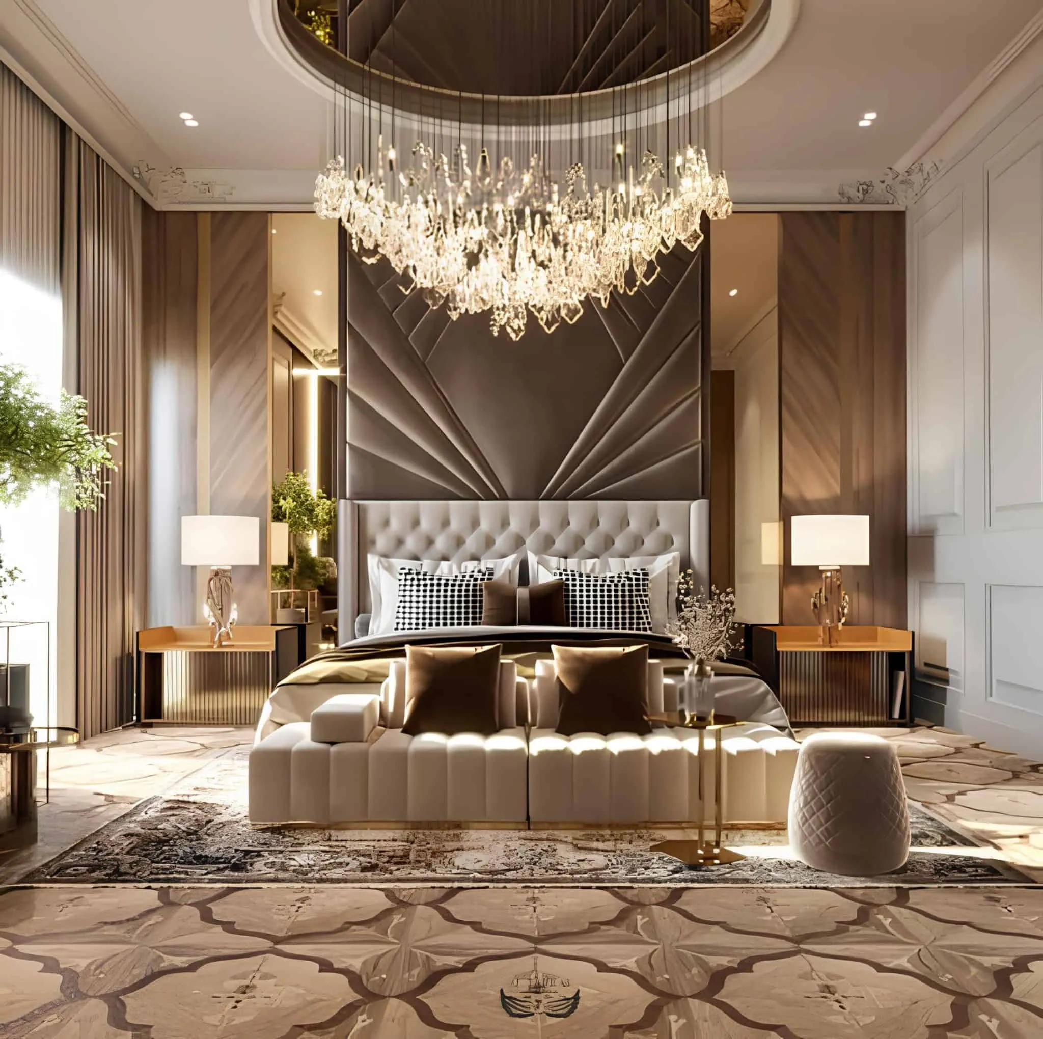 Luxurious bedroom with a majestic chandelier Opulent bedroom with an embroidered headboard, majestic crystal chandelier and modern classical details.