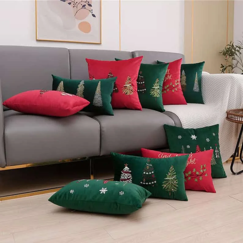 12. Green and Red Soft Velvet Christmas Pillow