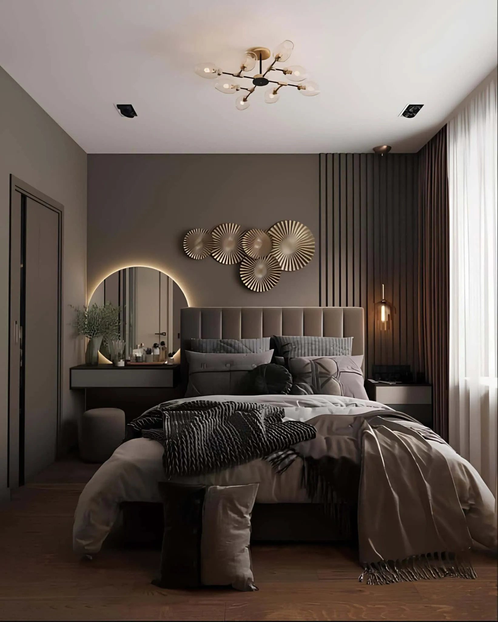 Luxurious bedroom with cozy gray fabrics Modern bedroom with multi-layered gray bedding, warm lighting and decorative wall.