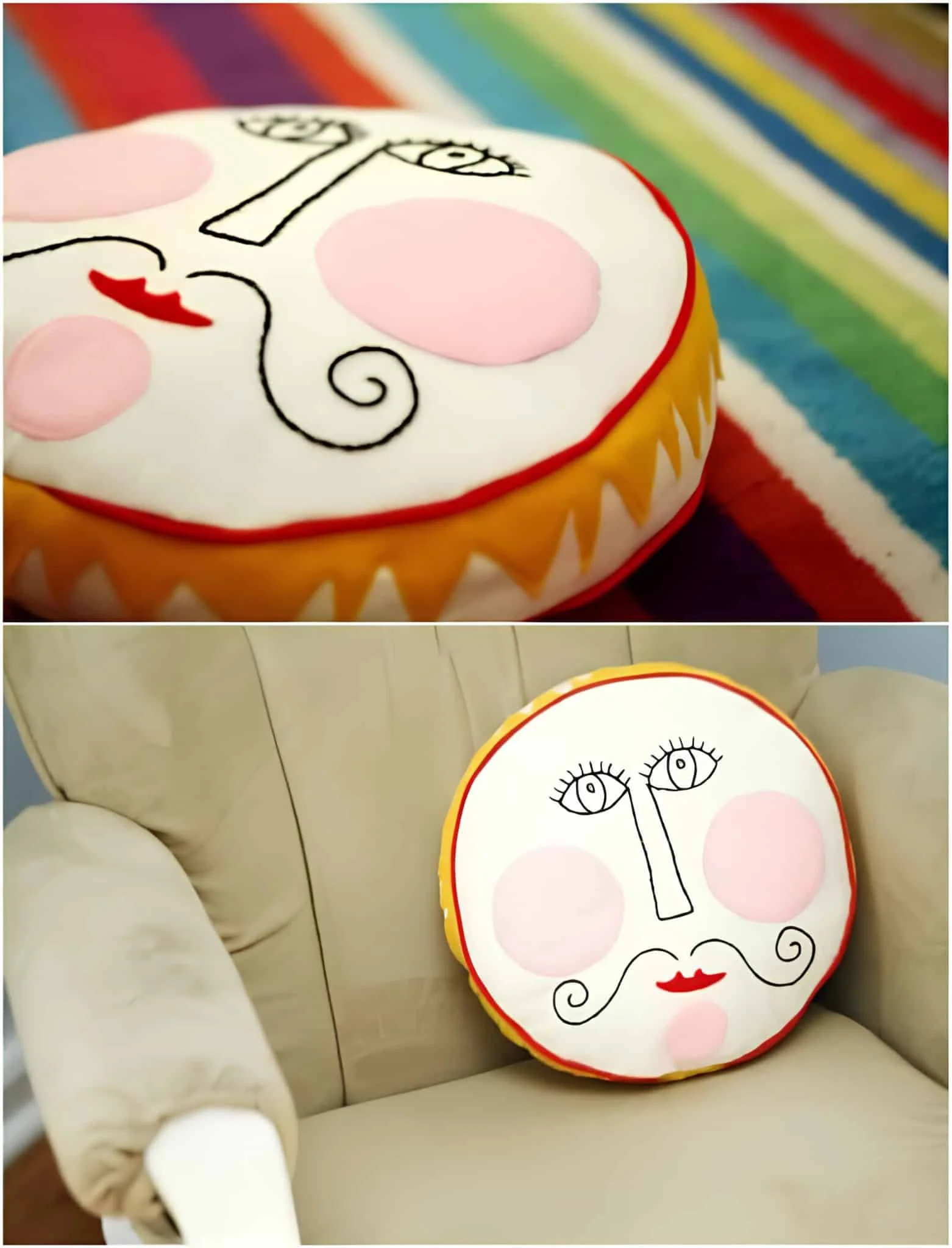 Alfombra redonda con rostro bordado y mejillas, colocada en un sillón