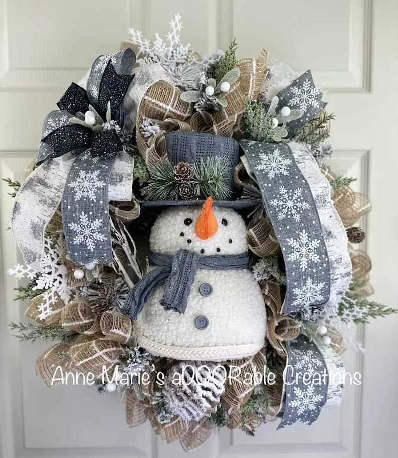 13. Guirnalda rustica de muñeco de nieve para puerta principal