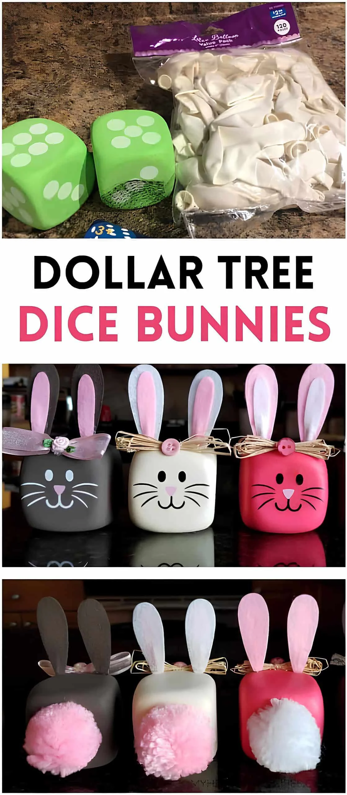 DIY conejos hechos con huesos de Dollar Tree, elaborados con huesos de espuma y bolas blancas, convertidos en decoración de Easter con caras pintadas, orejas de feltro, cintas y colas espesas de peluche - manualidad económica para Easter