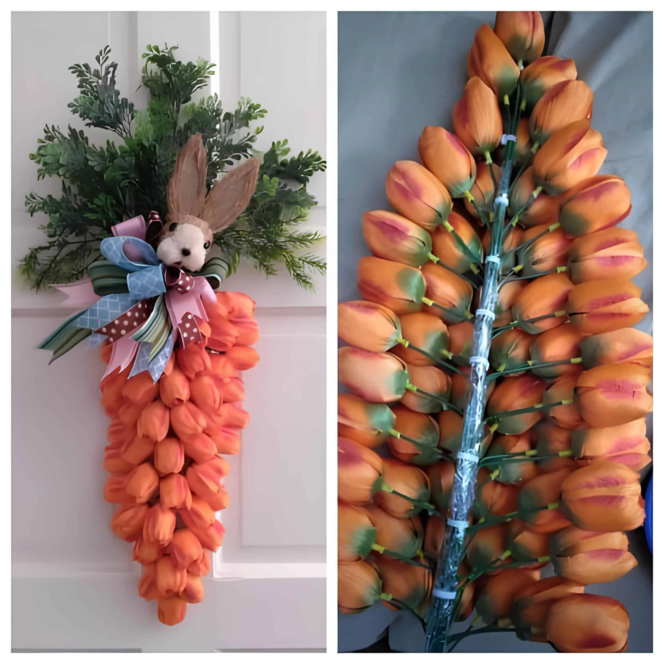 DIY guirnalda de Dollar Tree con zanahorias, hecha con tallos de tulipanes naranjas, hierba y una guirnalda adorable con conejo en la cima - idea de decoración de Easter para puerta usando flores artificiales y cintas