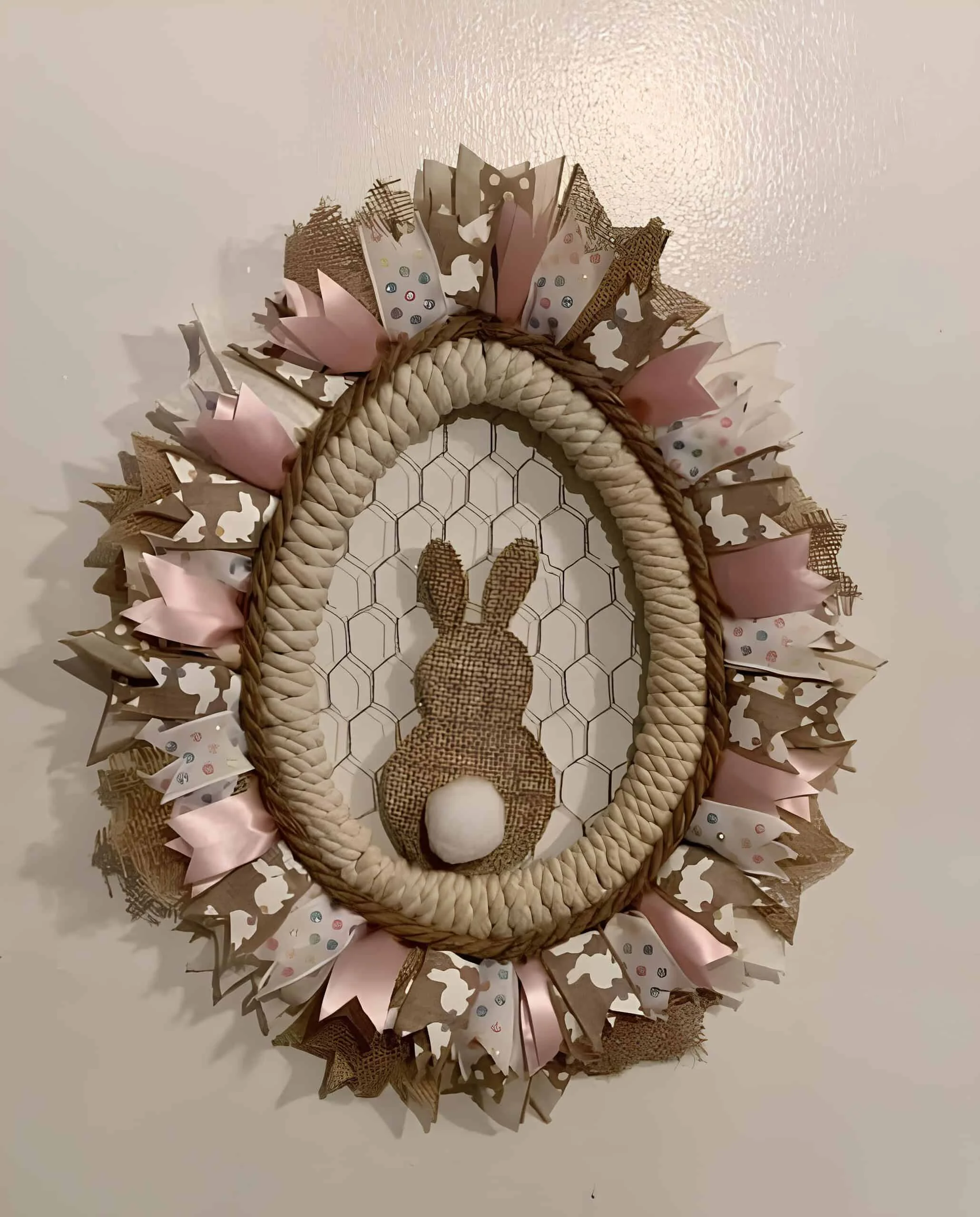 DIY guirnalda de Easter con silueta de conejo hecha con tela bavaria, parte trasera en malla, huevo envuelto con cuerda y cinta laminada en rosa, tela bavaria e impresiones - decoración de Easter estilo granjero de Dollar Tree