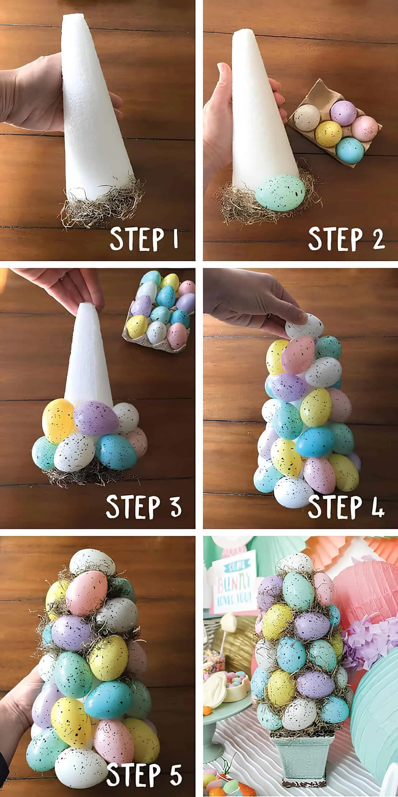 DIY topiario de huevo de Easter paso a paso, hecho con un cono de espuma, huevos plásticos de tonos pastel y musgo español