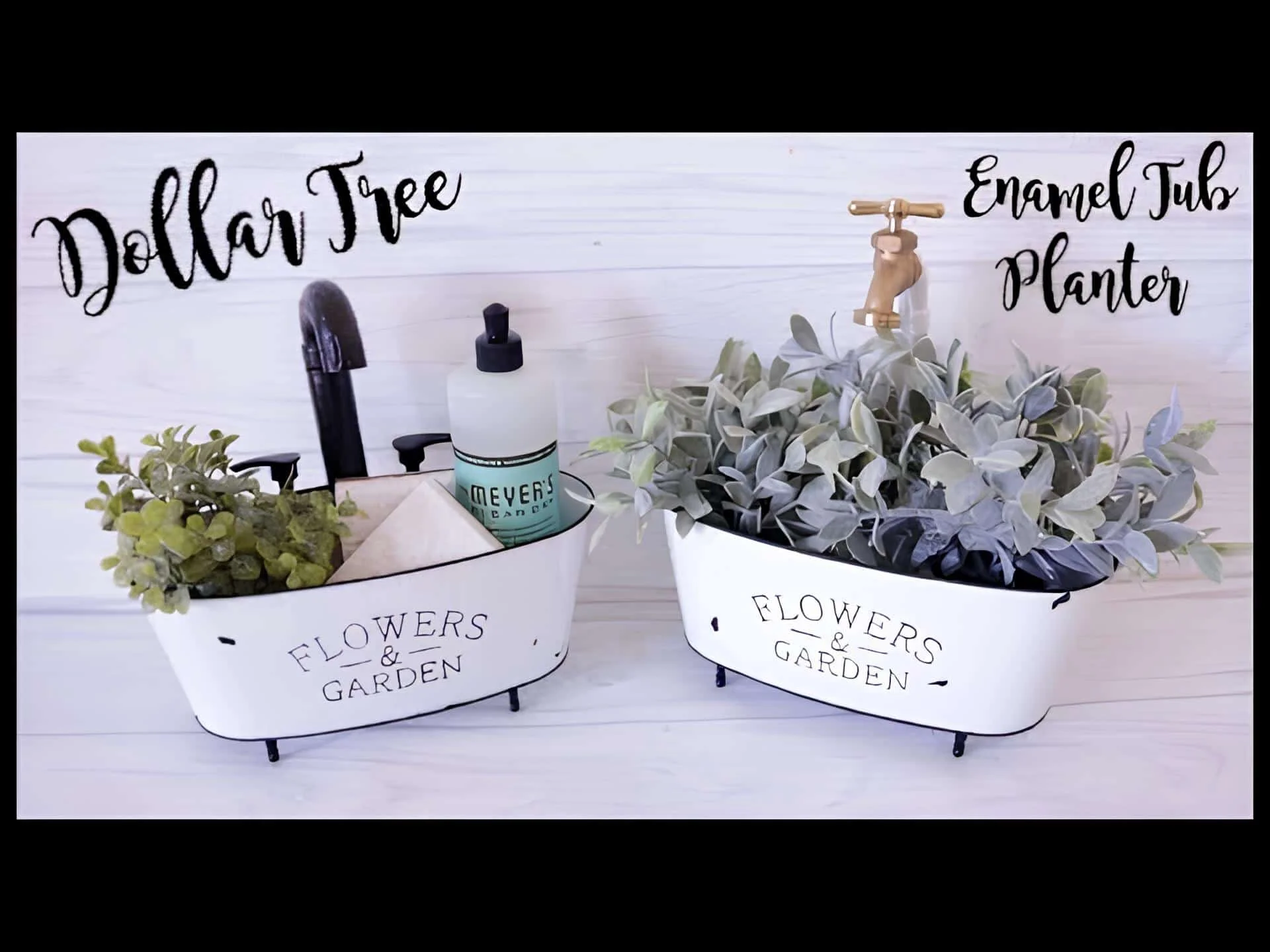 Jarrones pintados de Dollar Tree con plantas verdes falsas y elementos decorativos estilo cocina antigua, con estampado 'Flores y jardín' - DIY rural para baño o mesa de cocina